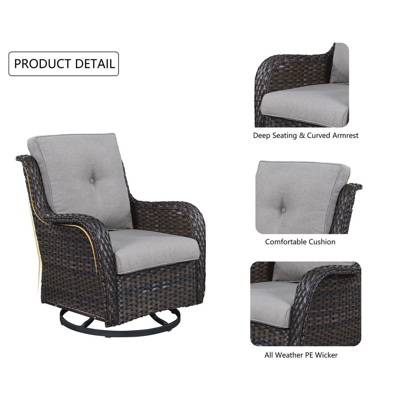 Gymojoy Ensemble de 3 pièces en rotin pour extérieur, chaise basculante pivotante avec coussin et table.