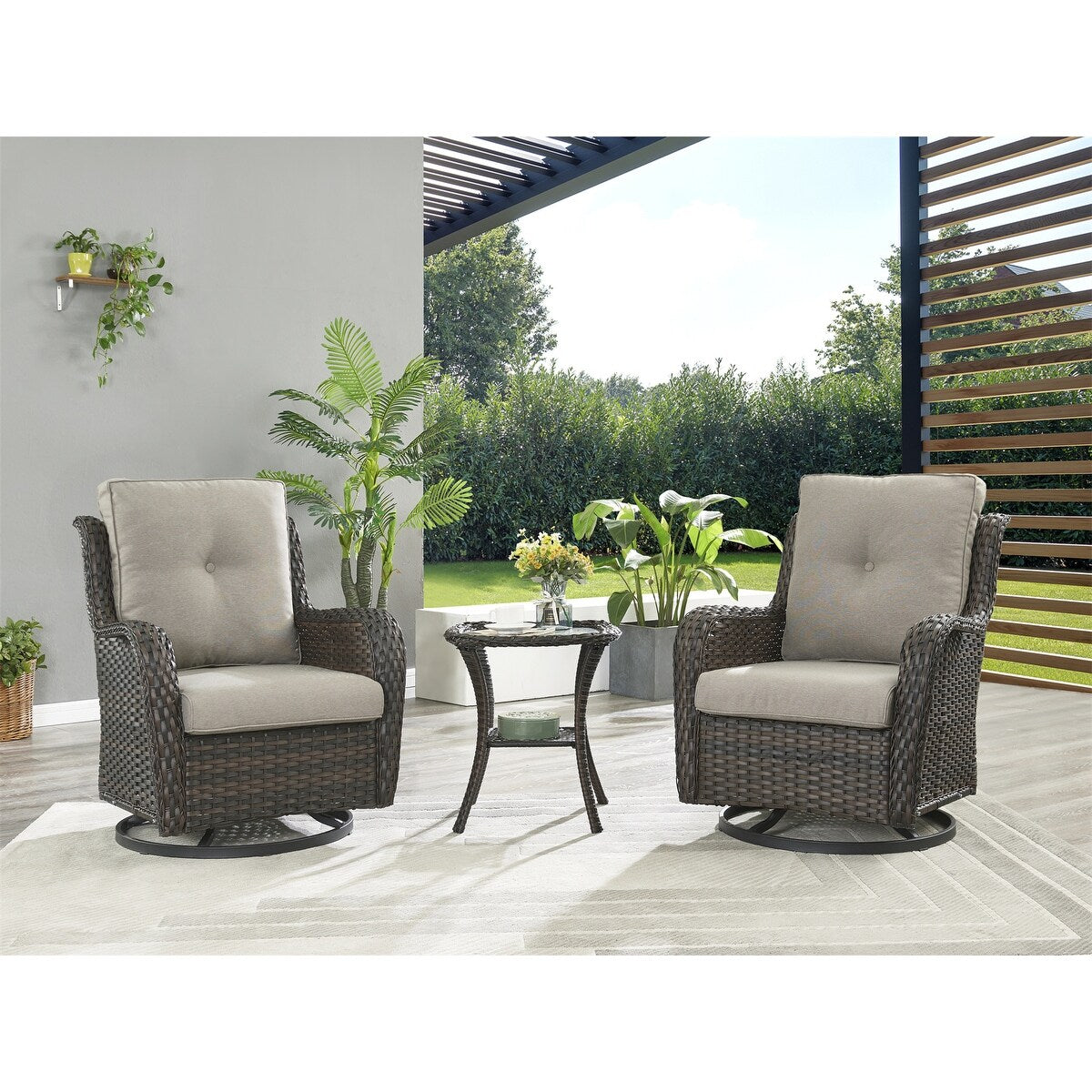 Gymojoy Ensemble de 3 pièces en rotin pour extérieur, chaise basculante pivotante avec coussin et table.