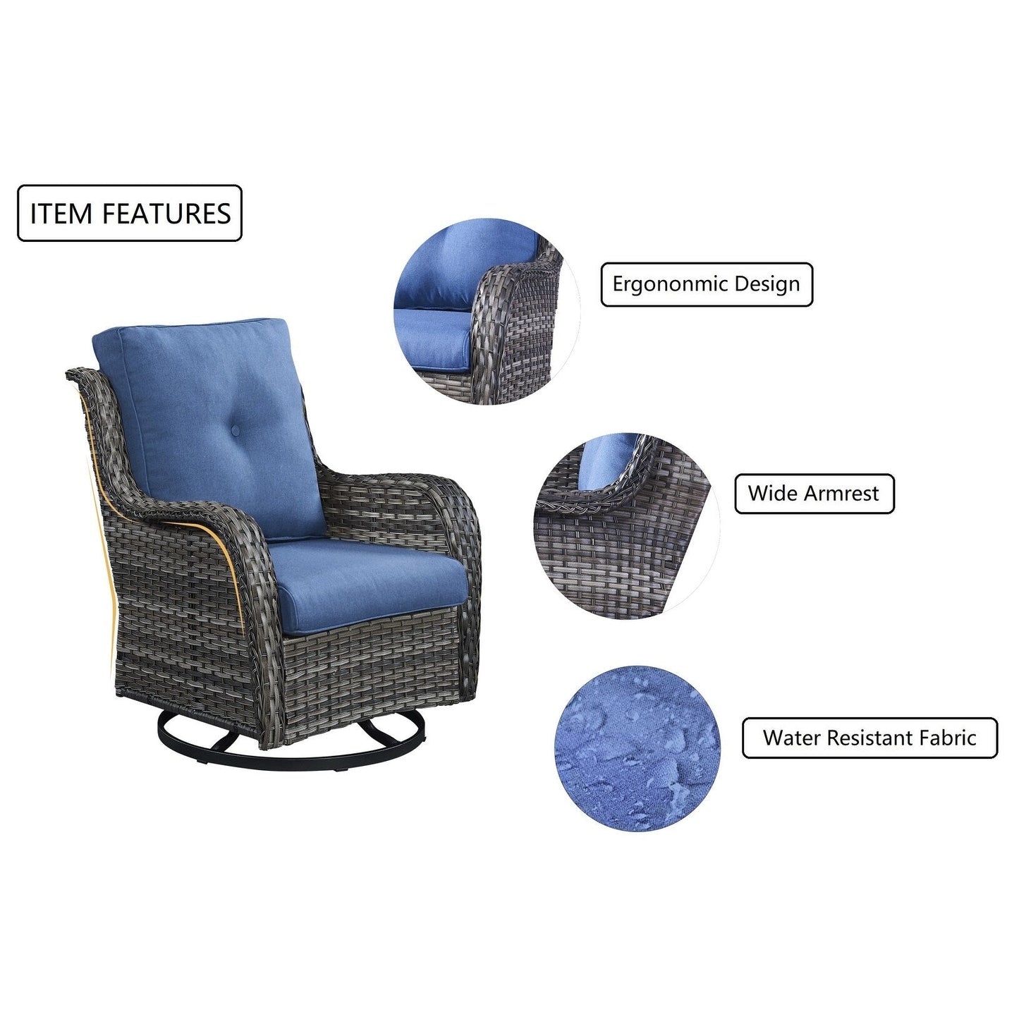 Gymojoy Ensemble de 3 pièces en rotin pour extérieur, chaise basculante pivotante avec coussin et table.