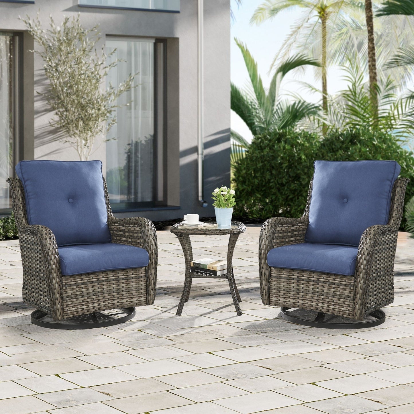 Gymojoy Ensemble de 3 pièces en rotin pour extérieur, chaise basculante pivotante avec coussin et table.
