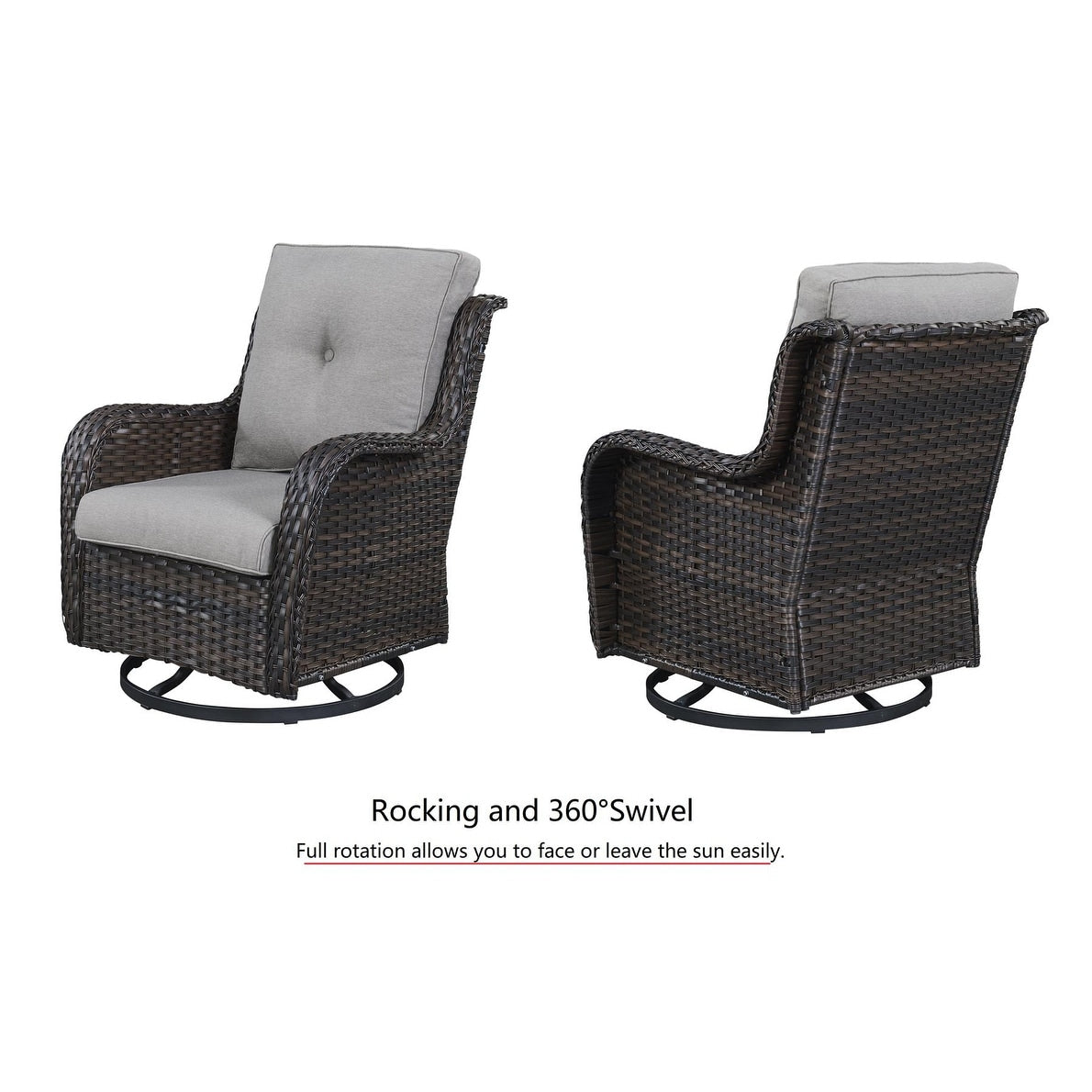 Gymojoy Ensemble de 3 pièces en rotin pour extérieur, chaise basculante pivotante avec coussin et table.