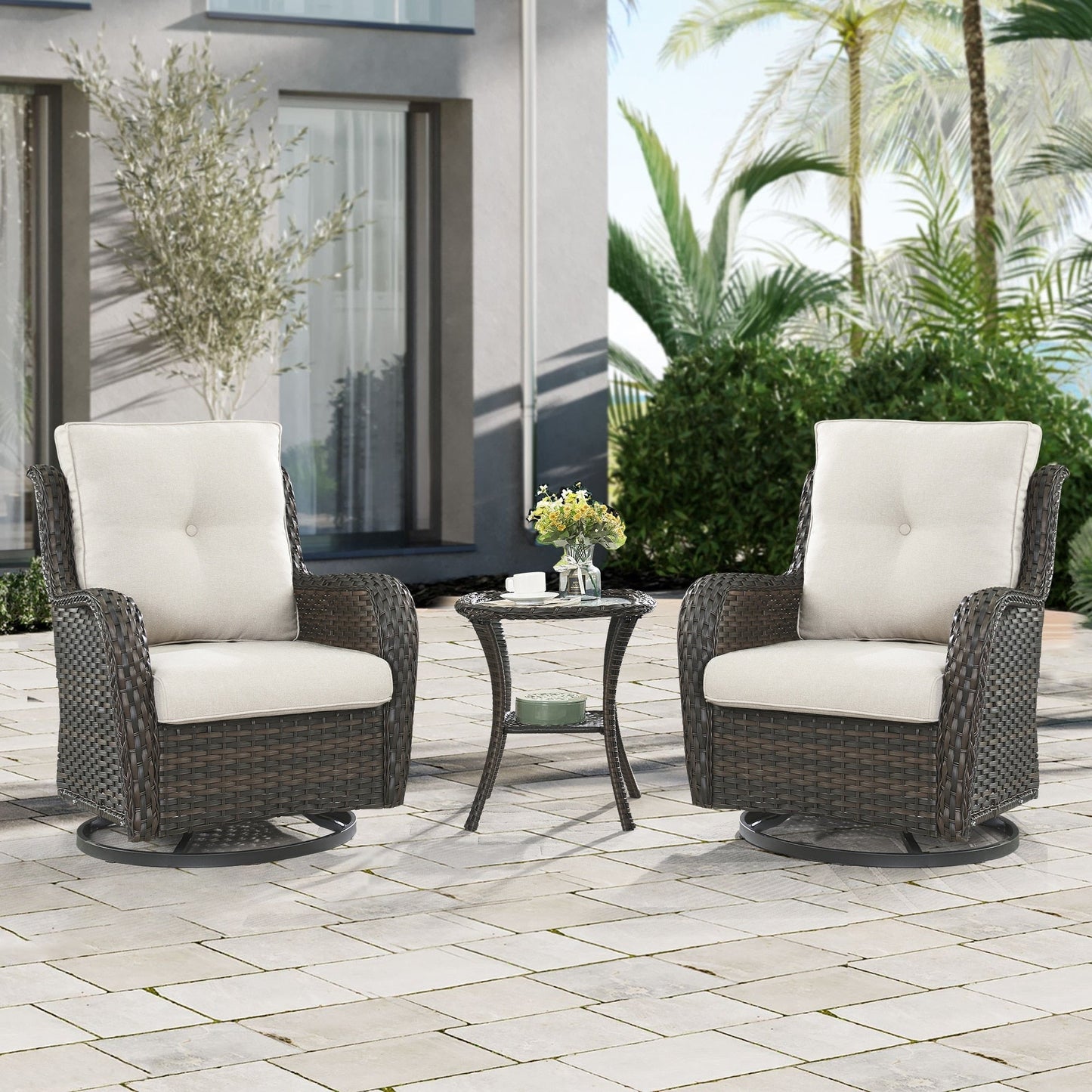 Gymojoy Ensemble de 3 pièces en rotin pour extérieur, chaise basculante pivotante avec coussin et table.