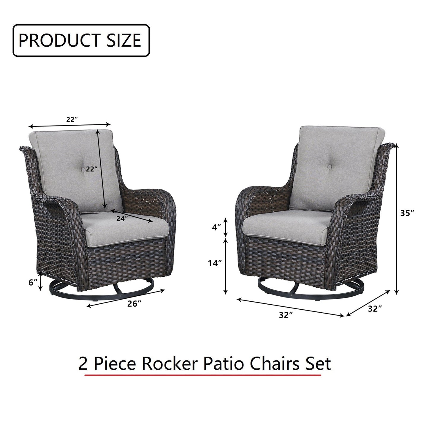 Gymojoy Ensemble de 3 pièces en rotin pour extérieur, chaise basculante pivotante avec coussin et table.