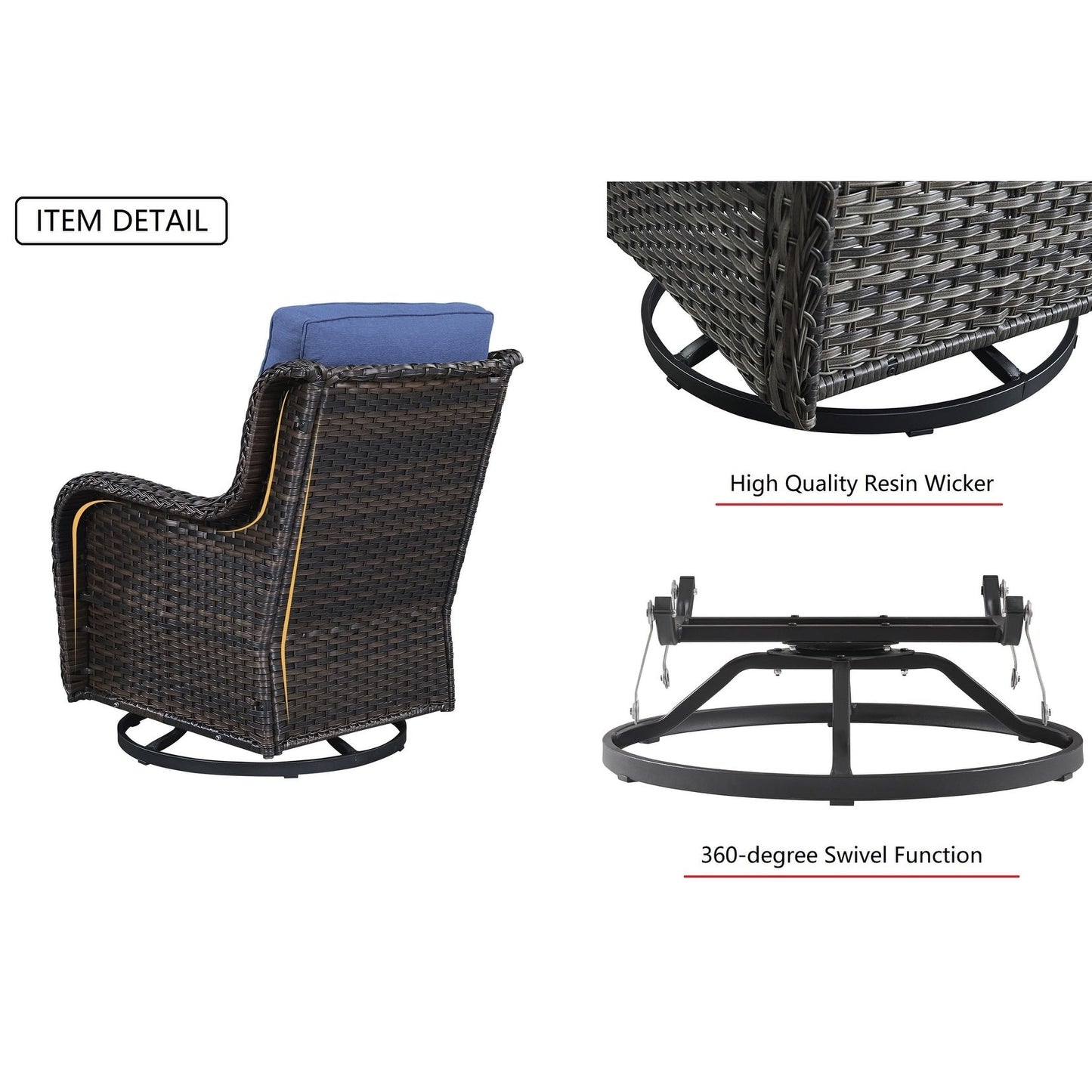 Gymojoy Ensemble de 3 pièces en rotin pour extérieur, chaise basculante pivotante avec coussin et table.