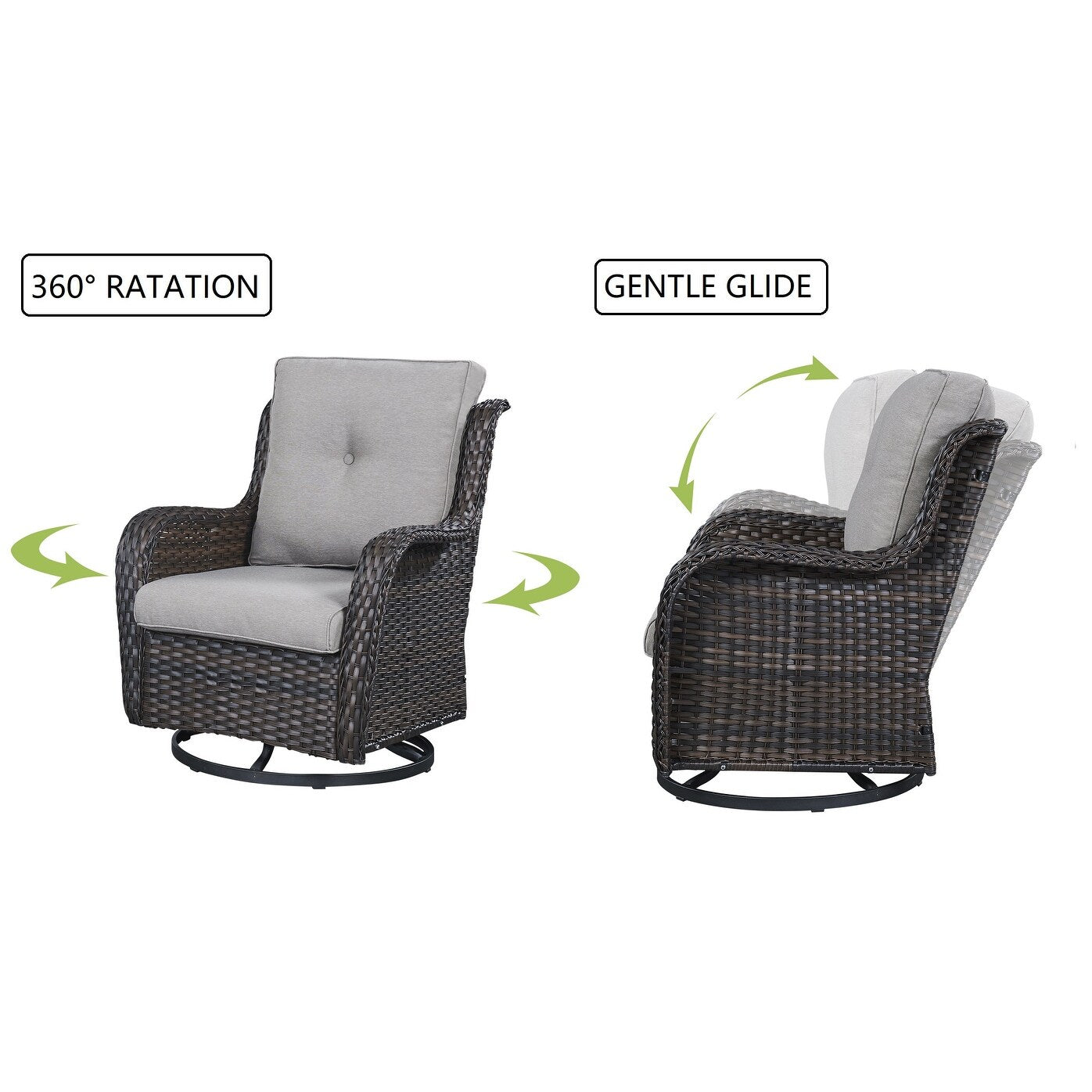 Gymojoy Ensemble de 3 pièces en rotin pour extérieur, chaise basculante pivotante avec coussin et table.