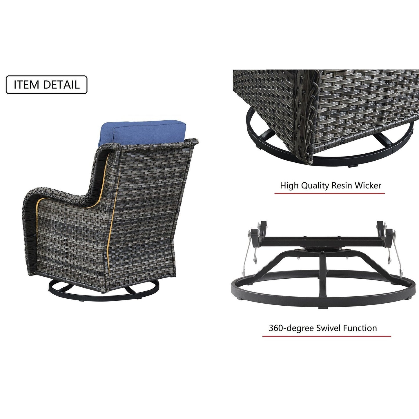 Gymojoy Ensemble de 3 pièces en rotin pour extérieur, chaise basculante pivotante avec coussin et table.