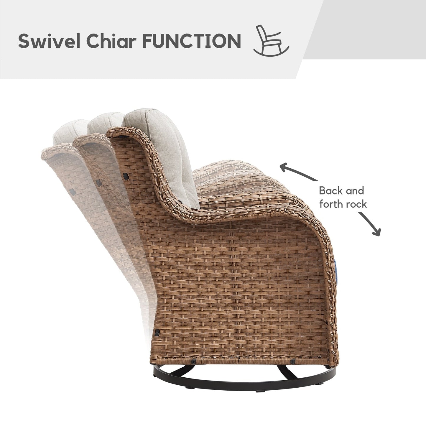 Gymojoy Ensemble de 3 pièces en rotin pour extérieur, chaise basculante pivotante avec coussin et table.