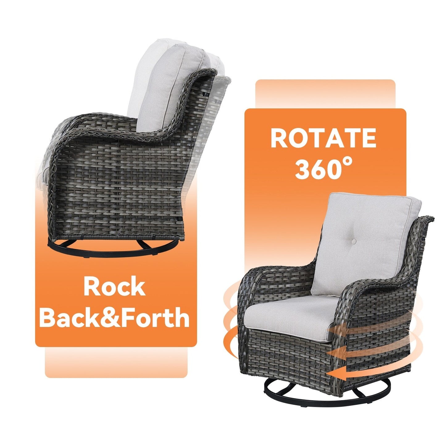 Gymojoy Ensemble de 3 pièces en rotin pour extérieur, chaise basculante pivotante avec coussin et table.