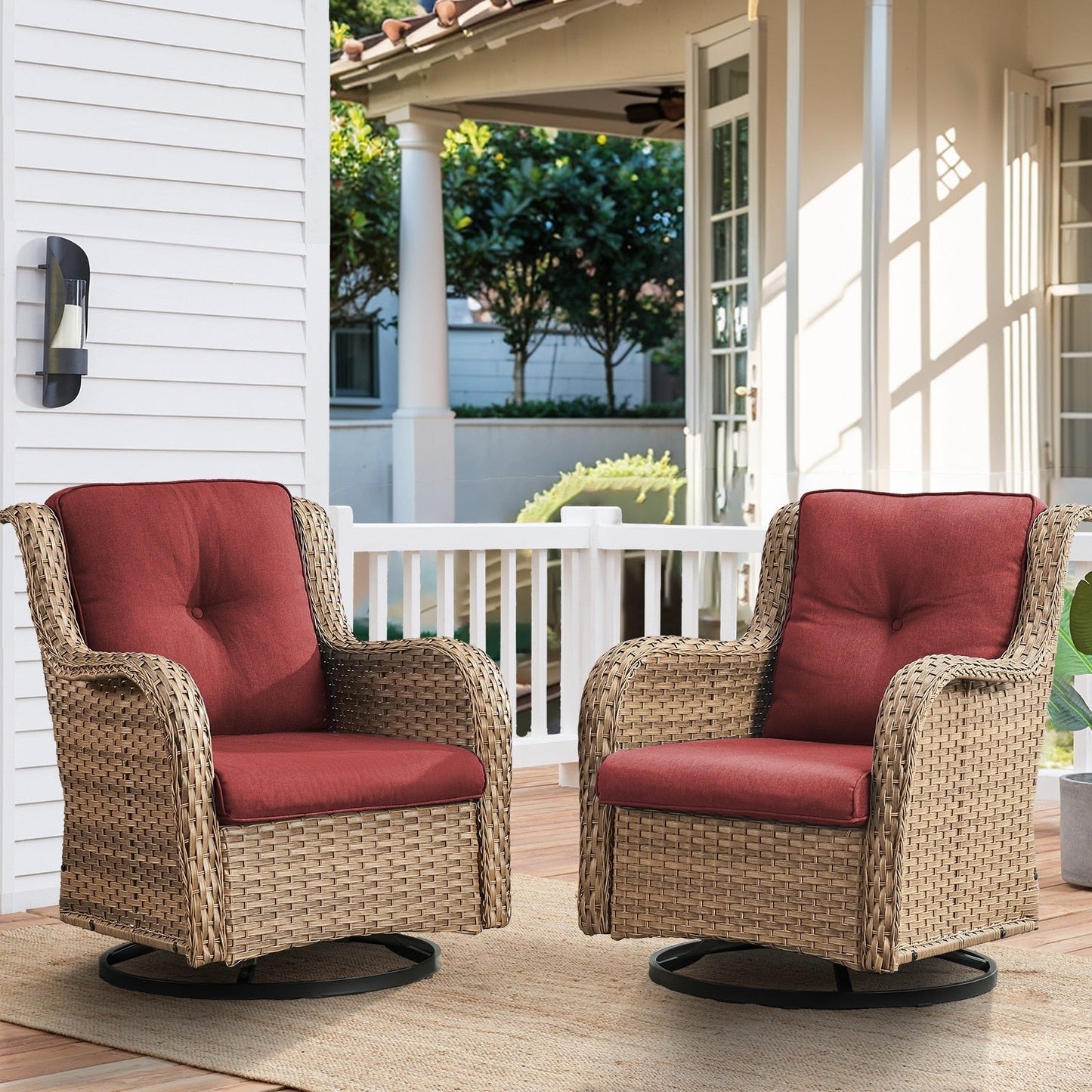 Gymojoy Ensemble de 3 pièces en rotin pour extérieur, chaise basculante pivotante avec coussin et table.