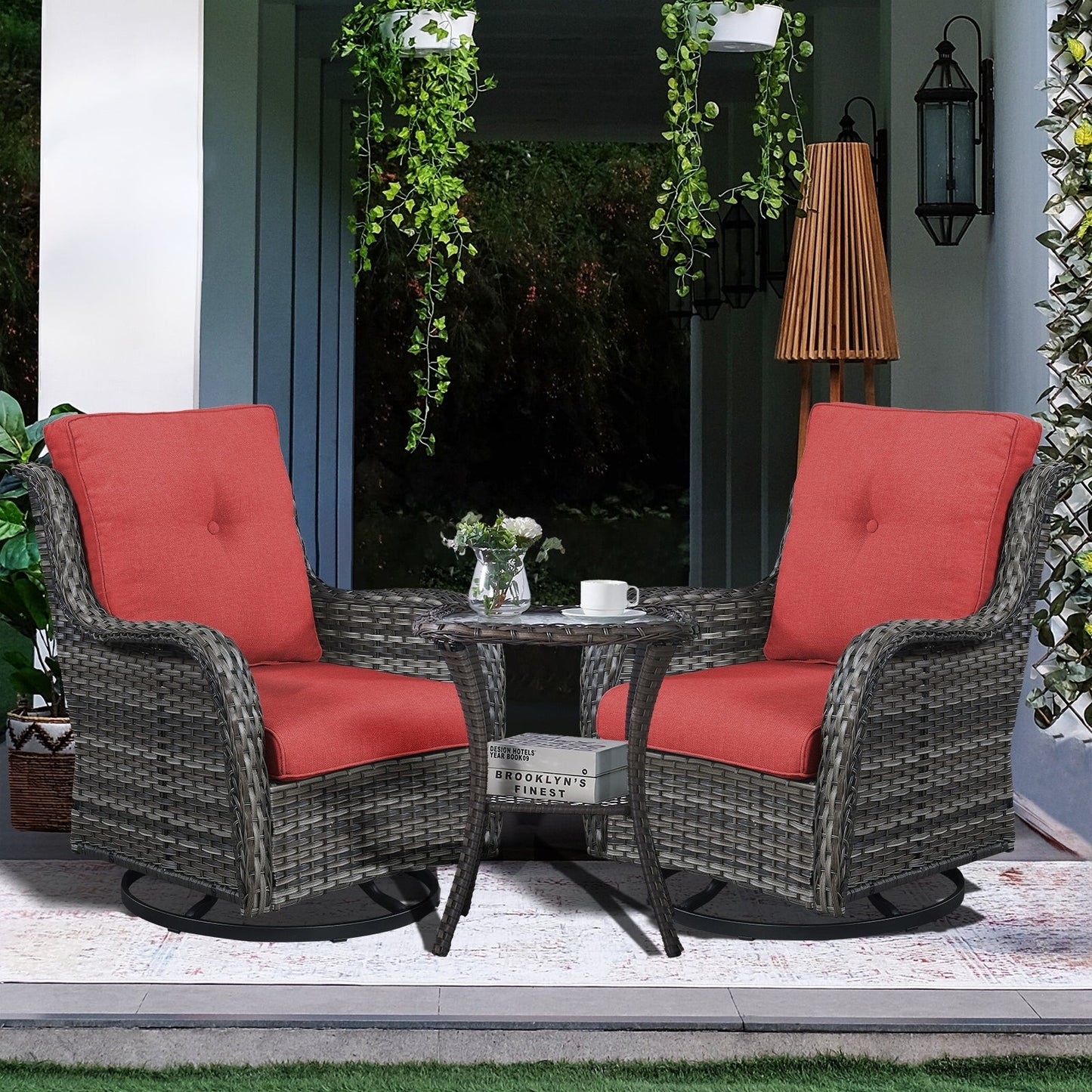 Gymojoy Ensemble de 3 pièces en rotin pour extérieur, chaise basculante pivotante avec coussin et table.