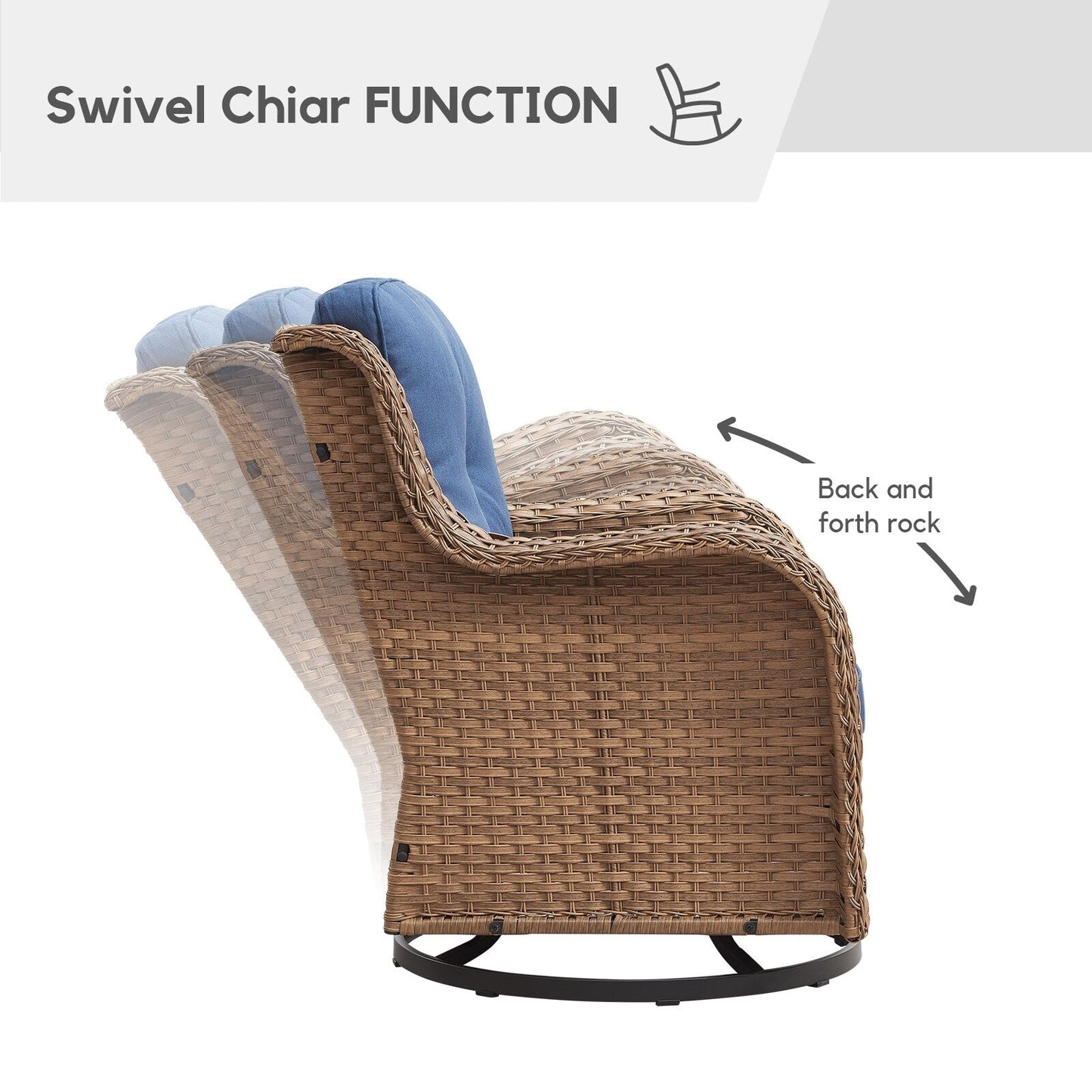 Gymojoy Ensemble de 3 pièces en rotin pour extérieur, chaise basculante pivotante avec coussin et table.