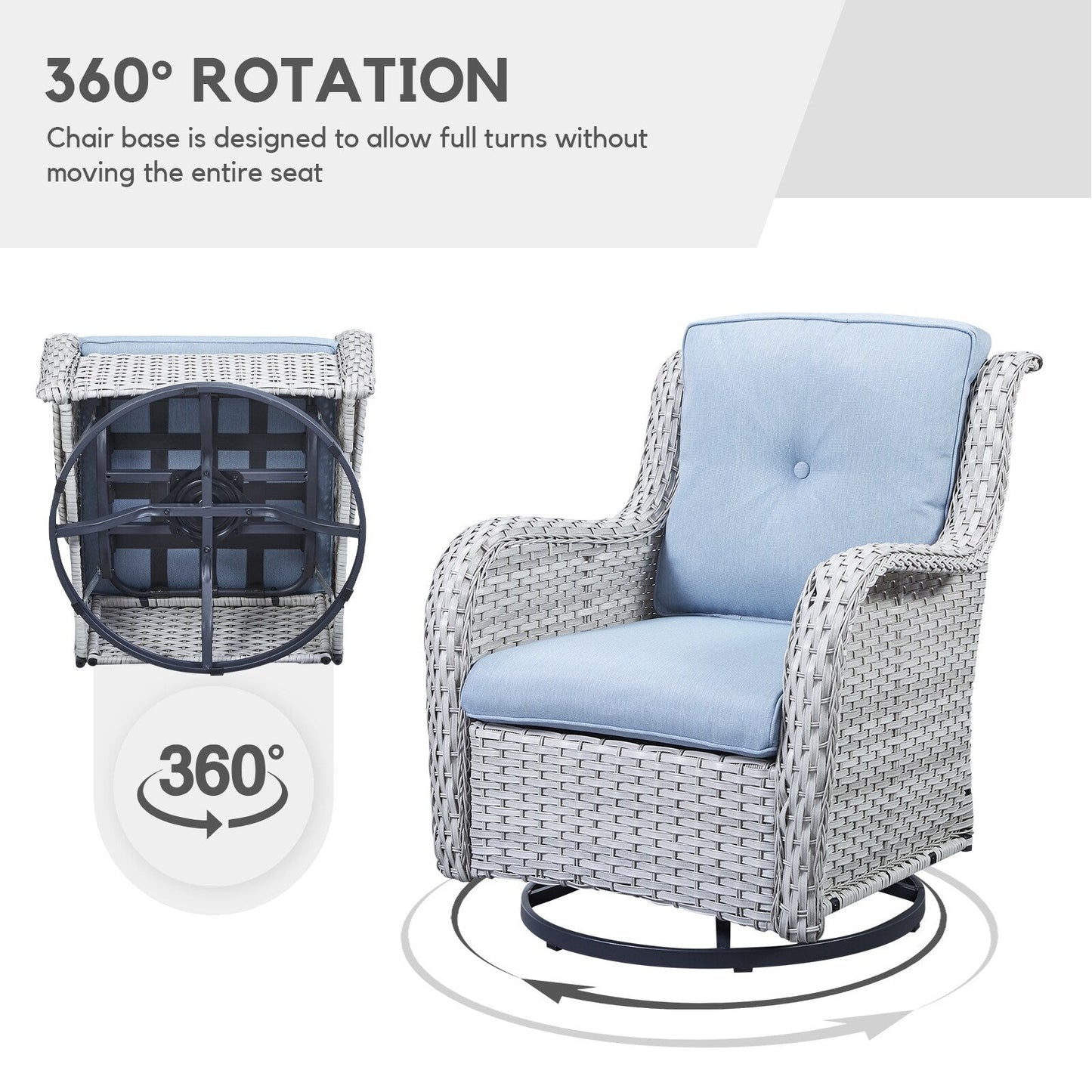Gymojoy Ensemble de 3 pièces en rotin pour extérieur, chaise basculante pivotante avec coussin et table.