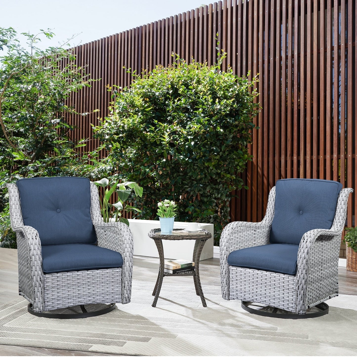 Gymojoy Ensemble de 3 pièces en rotin pour extérieur, chaise basculante pivotante avec coussin et table.