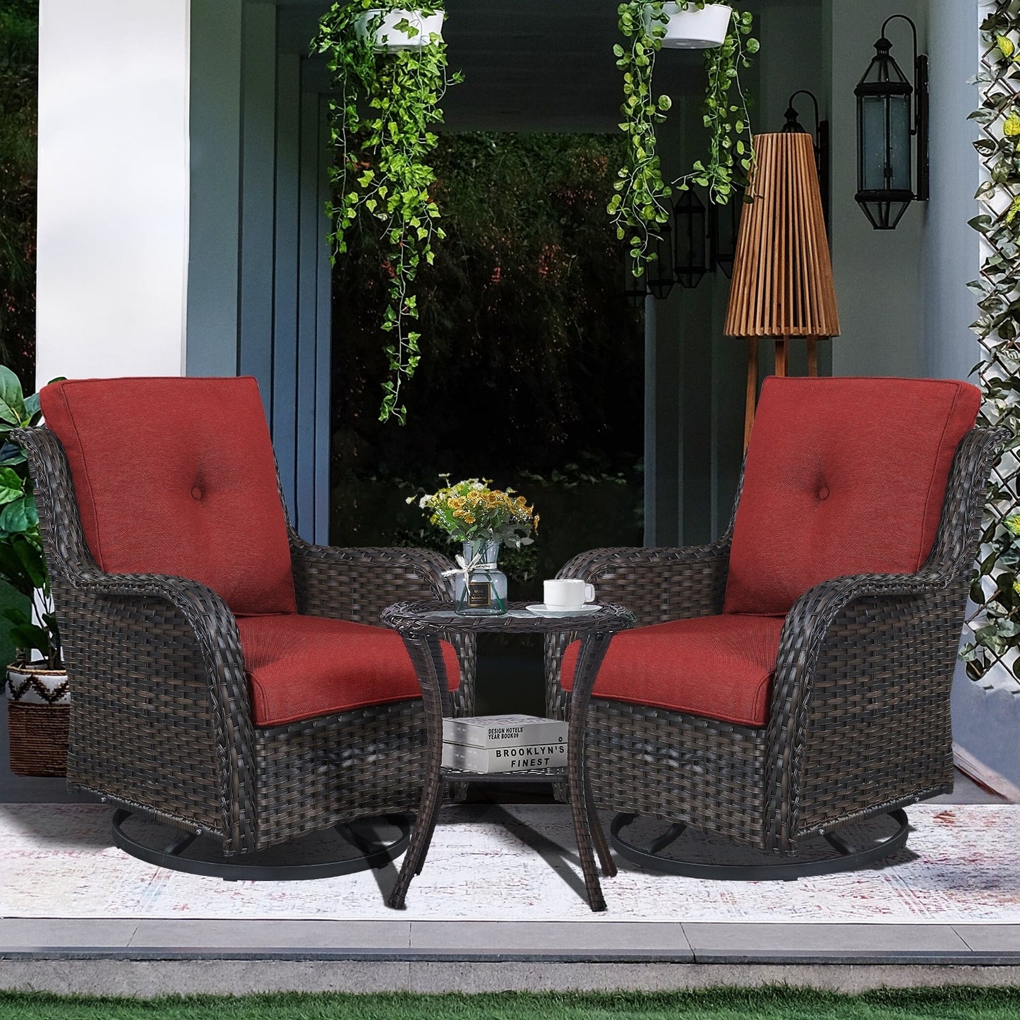Gymojoy Ensemble de 3 pièces en rotin pour extérieur, chaise basculante pivotante avec coussin et table.