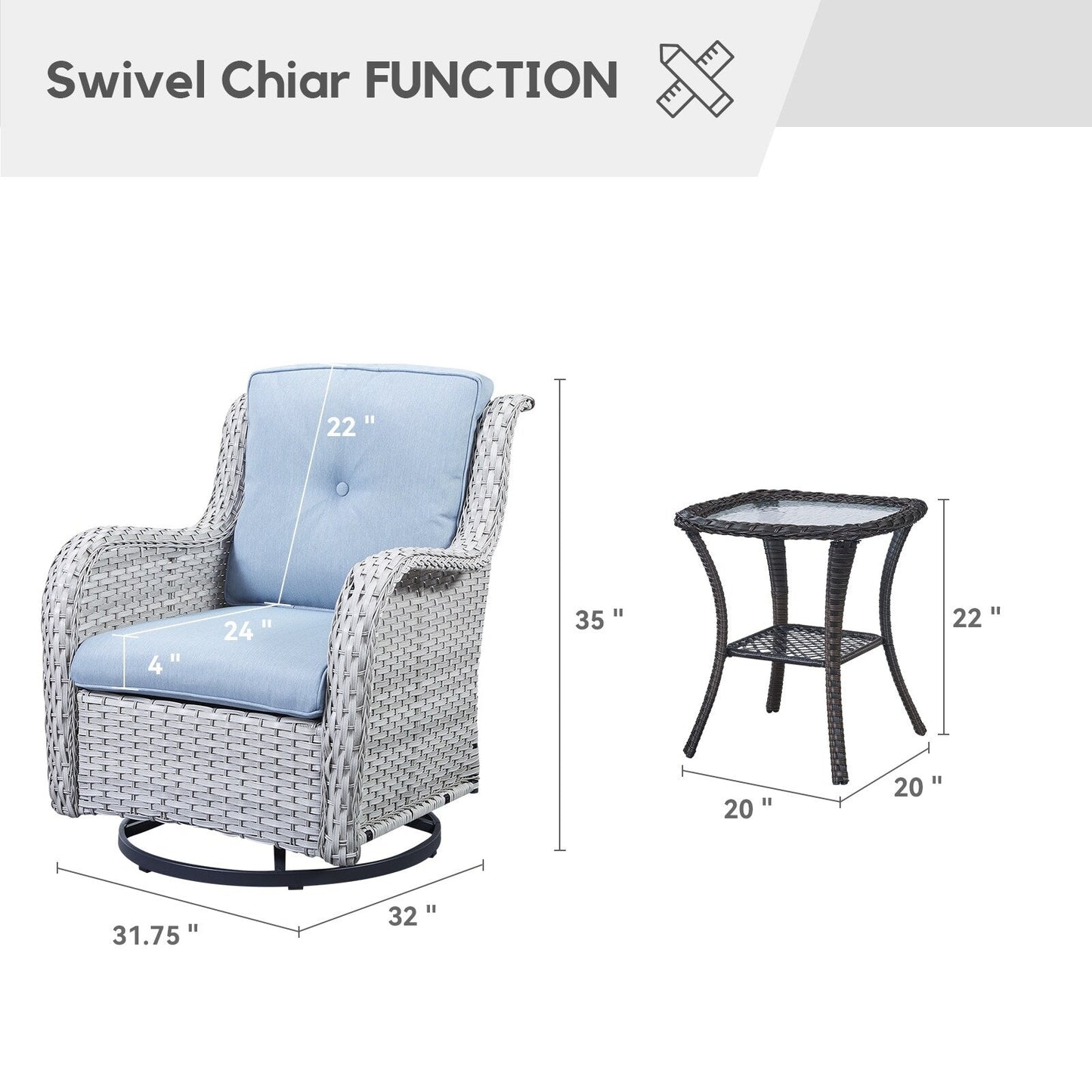 Gymojoy Ensemble de 3 pièces en rotin pour extérieur, chaise basculante pivotante avec coussin et table.