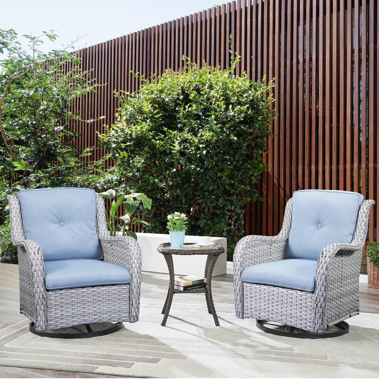 Gymojoy Ensemble de 3 pièces en rotin pour extérieur, chaise basculante pivotante avec coussin et table.