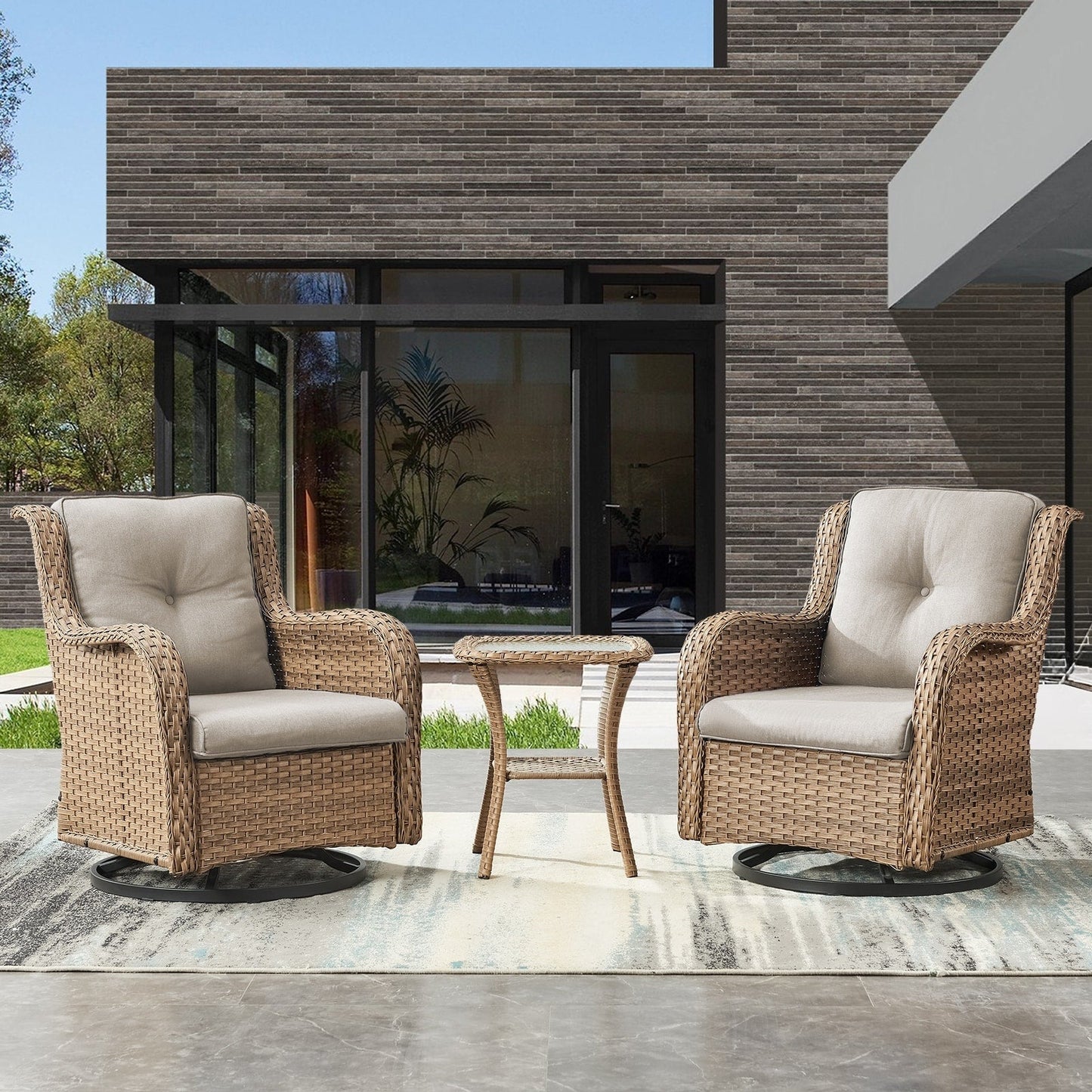 Gymojoy Ensemble de 3 pièces en rotin pour extérieur, chaise basculante pivotante avec coussin et table.