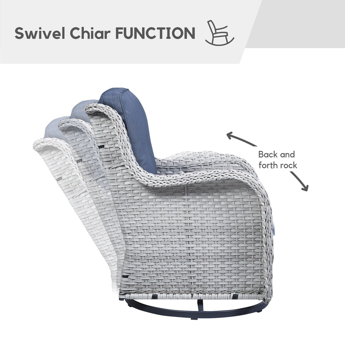 Gymojoy Ensemble de 3 pièces en rotin pour extérieur, chaise basculante pivotante avec coussin et table.