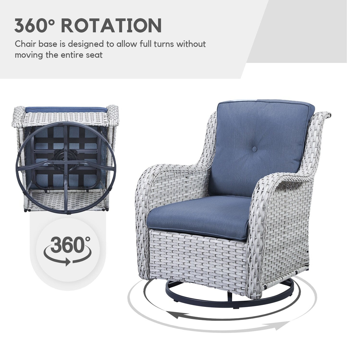 Gymojoy Ensemble de 3 pièces en rotin pour extérieur, chaise basculante pivotante avec coussin et table.