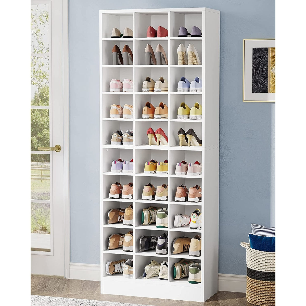 Meuble à chaussures haut pour 30 paires, étagère à chaussures en bois blanc à 10 niveaux pour placard, entrée - 10 niveaux