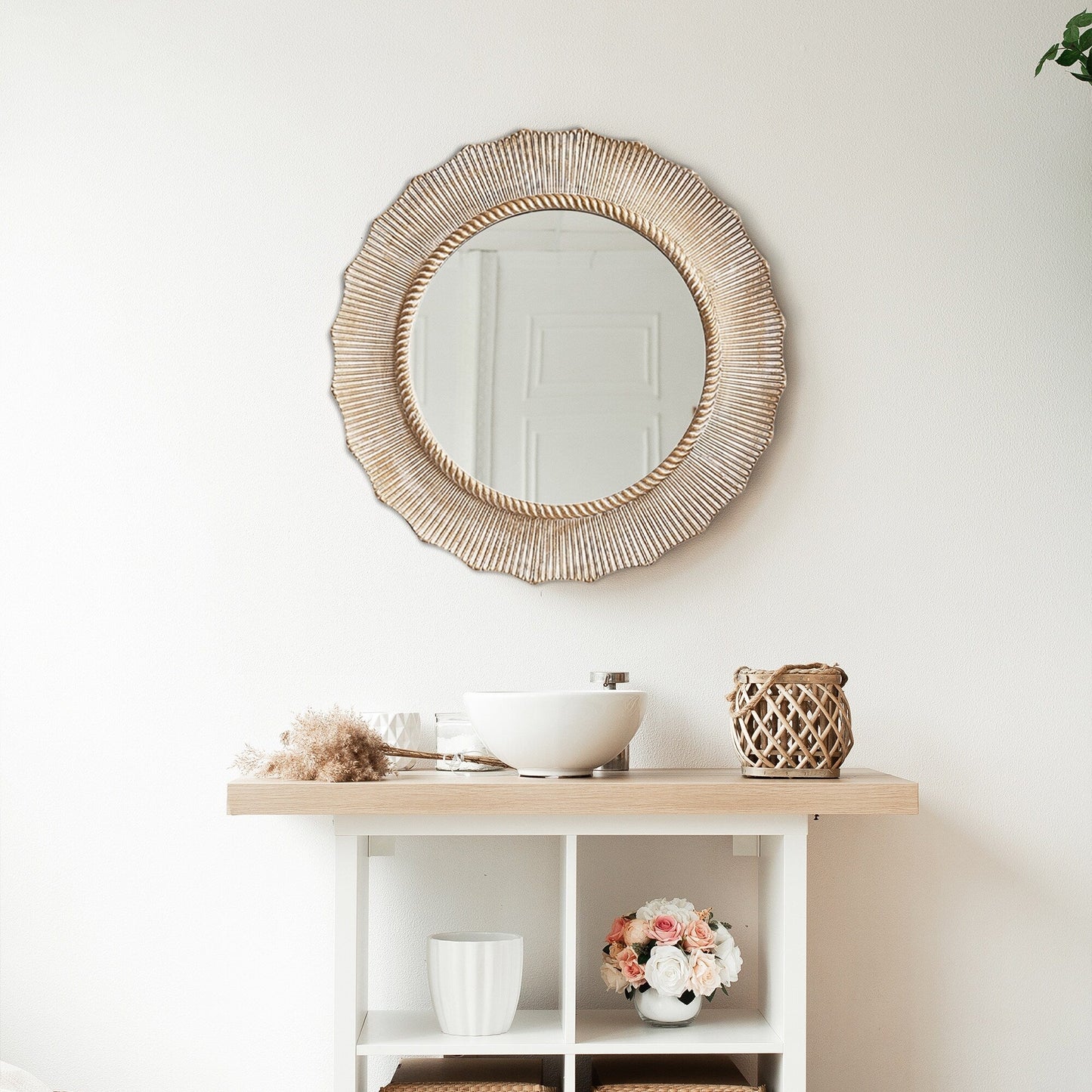 Miroir mural décoratif rond en bois beige bohème de 76 cm pour salle de bain