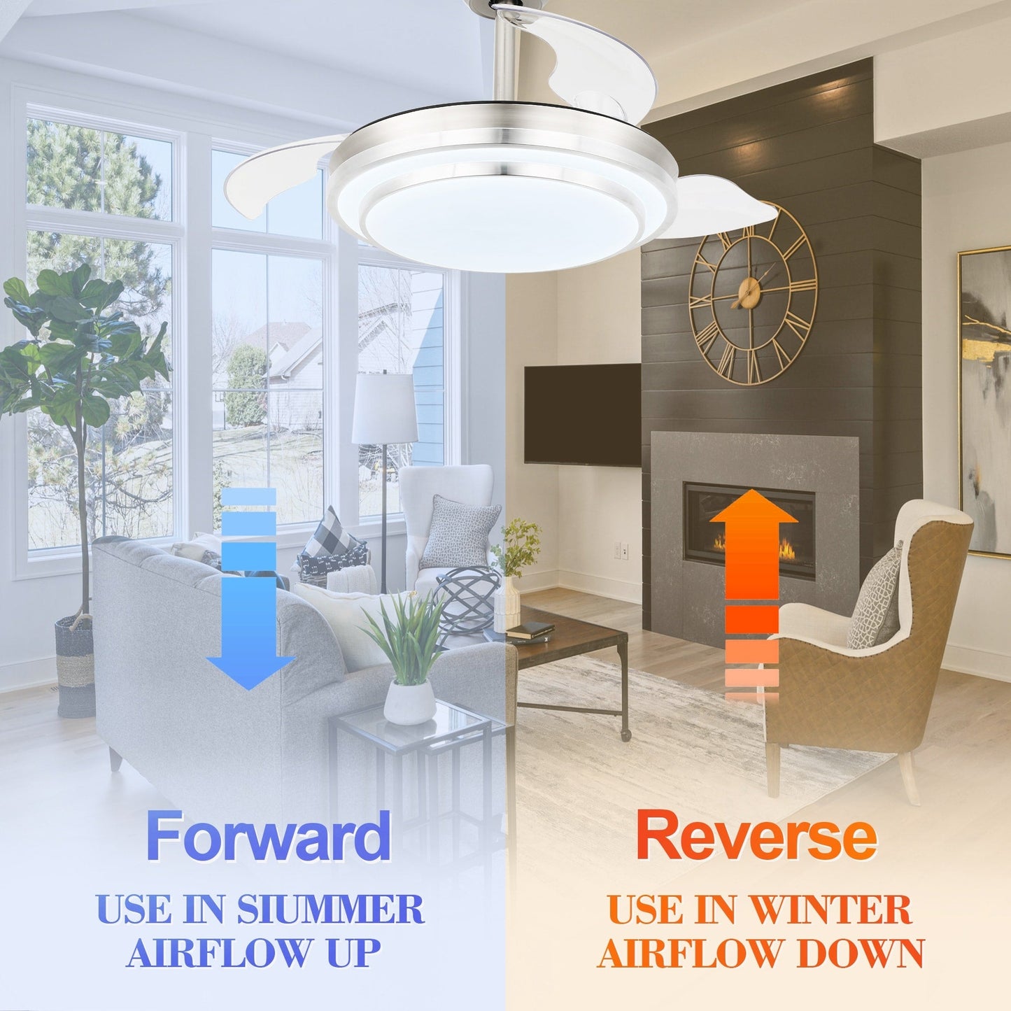 Ventilateur de plafond rétractable moderne Bella Depot 36 avec éclairage LED, lames réversibles à 6 vitesses avec télécommande