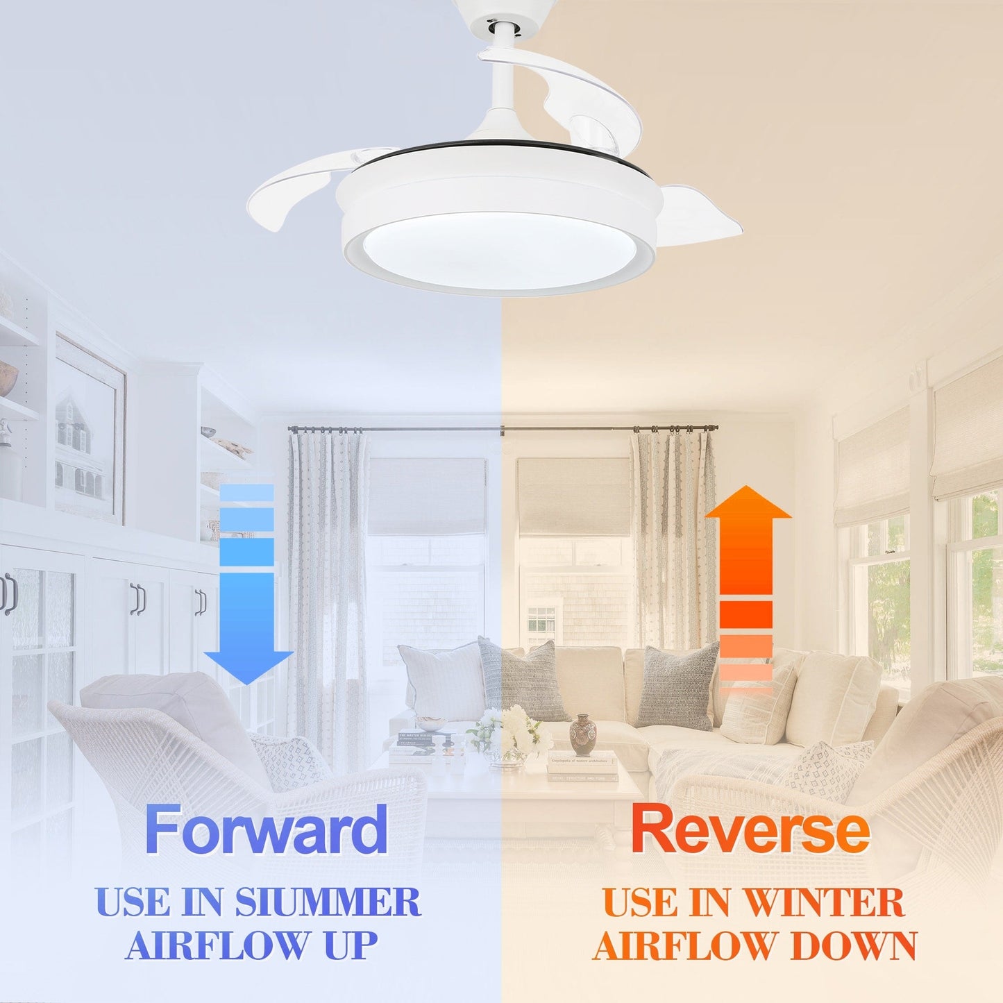 Ventilateur de plafond rétractable moderne Bella Depot 36 avec éclairage LED, lames réversibles à 6 vitesses avec télécommande