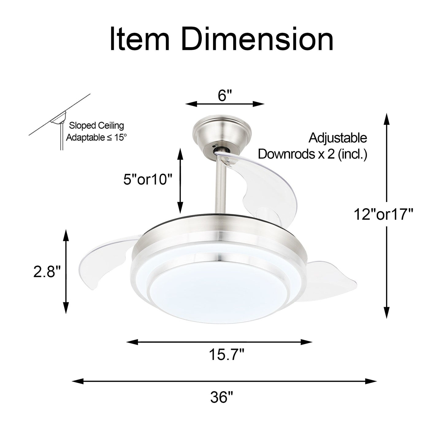 Ventilateur de plafond rétractable moderne Bella Depot 36 avec éclairage LED, lames réversibles à 6 vitesses avec télécommande