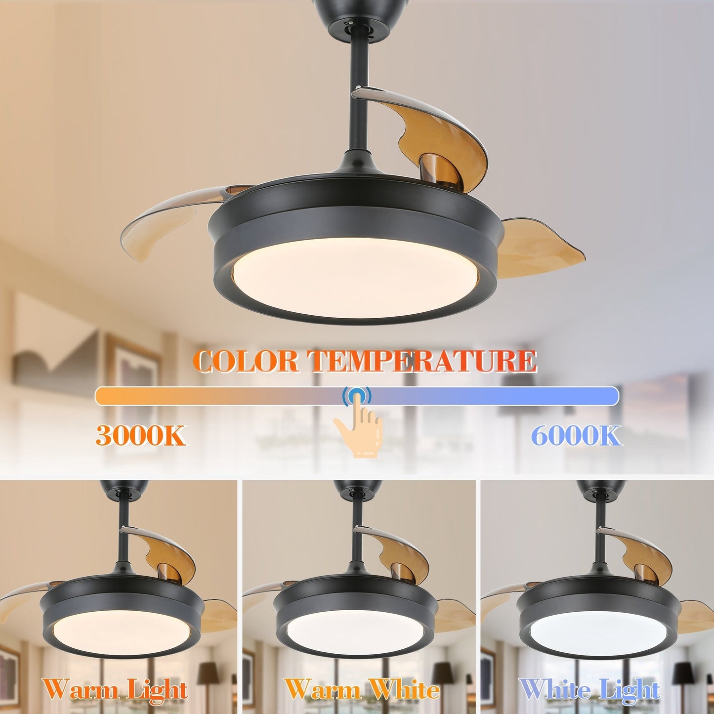 Ventilateur de plafond rétractable moderne Bella Depot 36 avec éclairage LED, lames réversibles à 6 vitesses avec télécommande