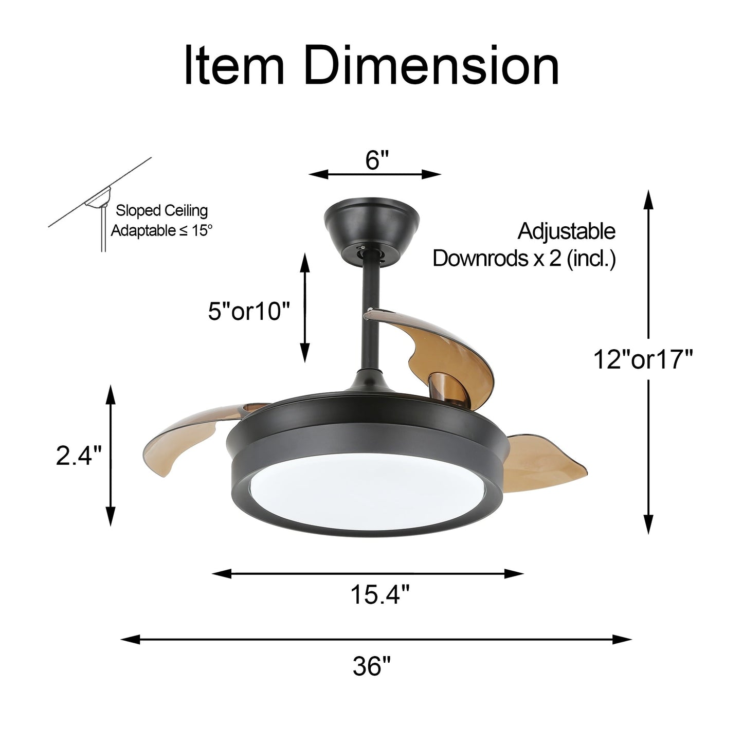 Ventilateur de plafond rétractable moderne Bella Depot 36 avec éclairage LED, lames réversibles à 6 vitesses avec télécommande