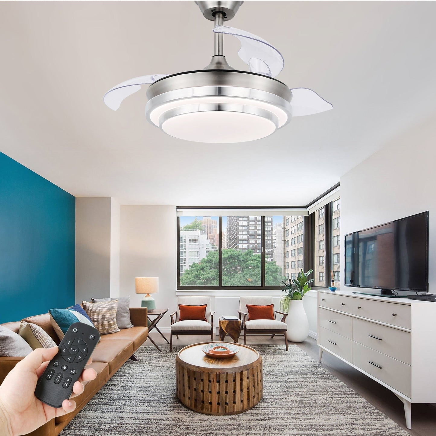 Ventilateur de plafond rétractable moderne Bella Depot 36 avec éclairage LED, lames réversibles à 6 vitesses avec télécommande