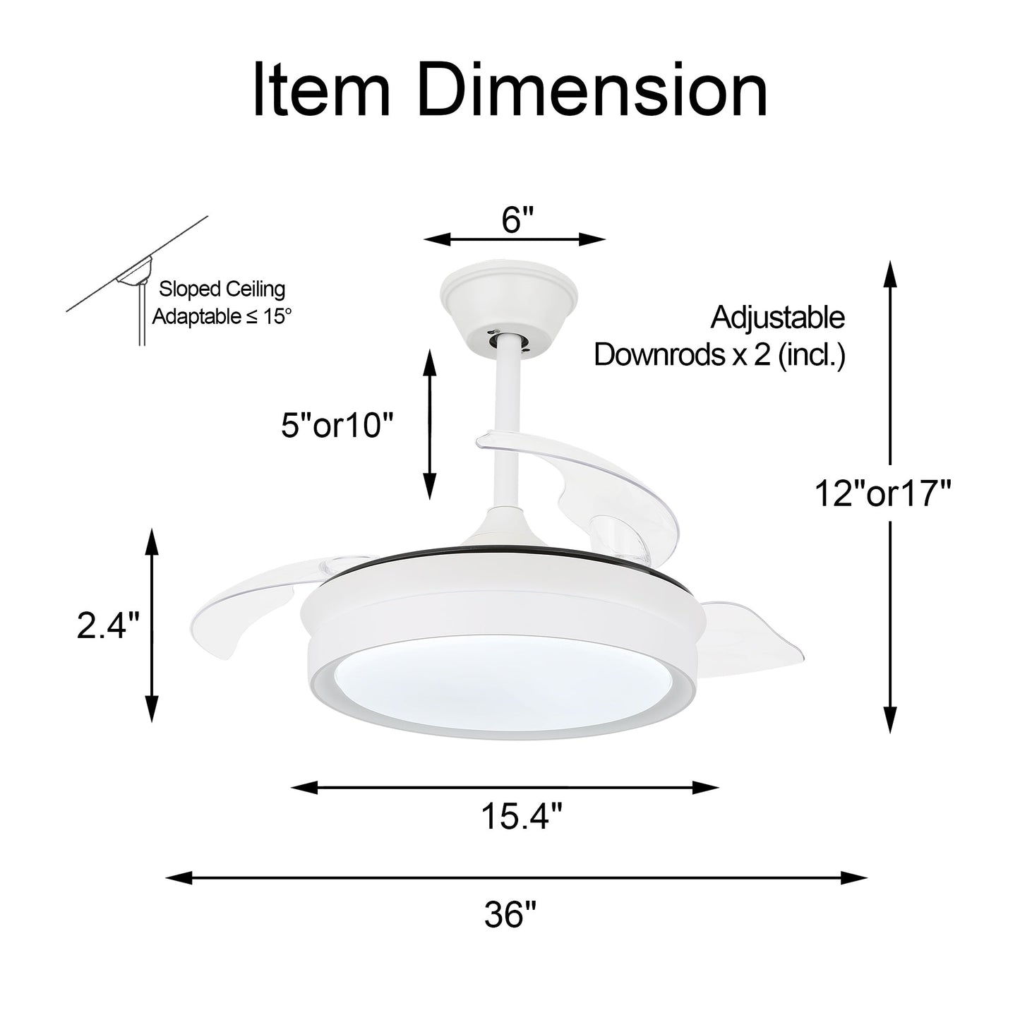 Ventilateur de plafond rétractable moderne Bella Depot 36 avec éclairage LED, lames réversibles à 6 vitesses avec télécommande