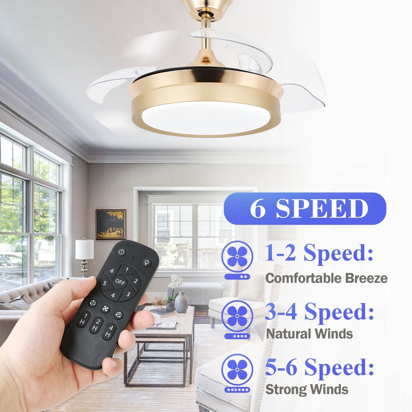 Ventilateur de plafond rétractable moderne Bella Depot 36 avec éclairage LED, lames réversibles à 6 vitesses avec télécommande