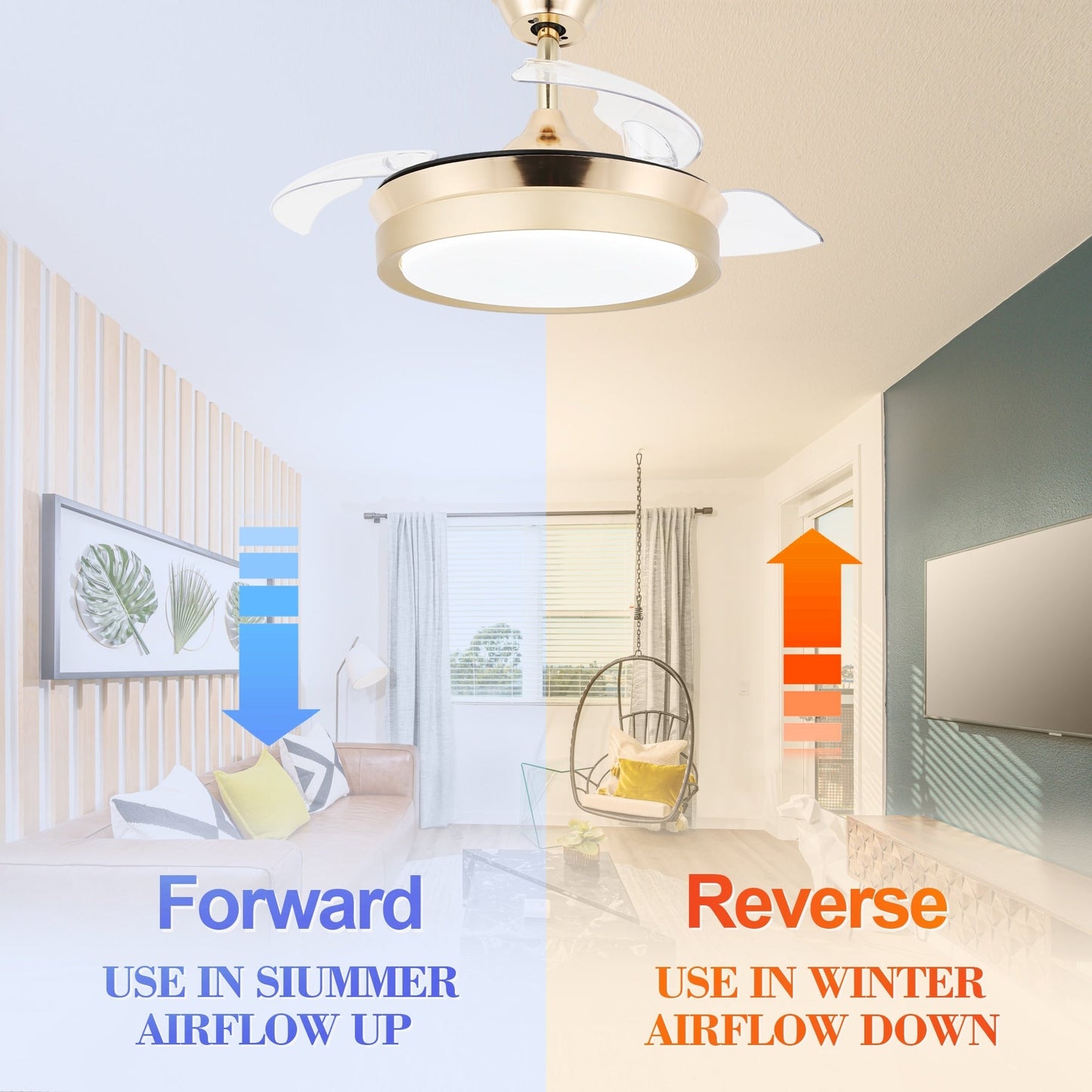 Ventilateur de plafond rétractable moderne Bella Depot 36 avec éclairage LED, lames réversibles à 6 vitesses avec télécommande