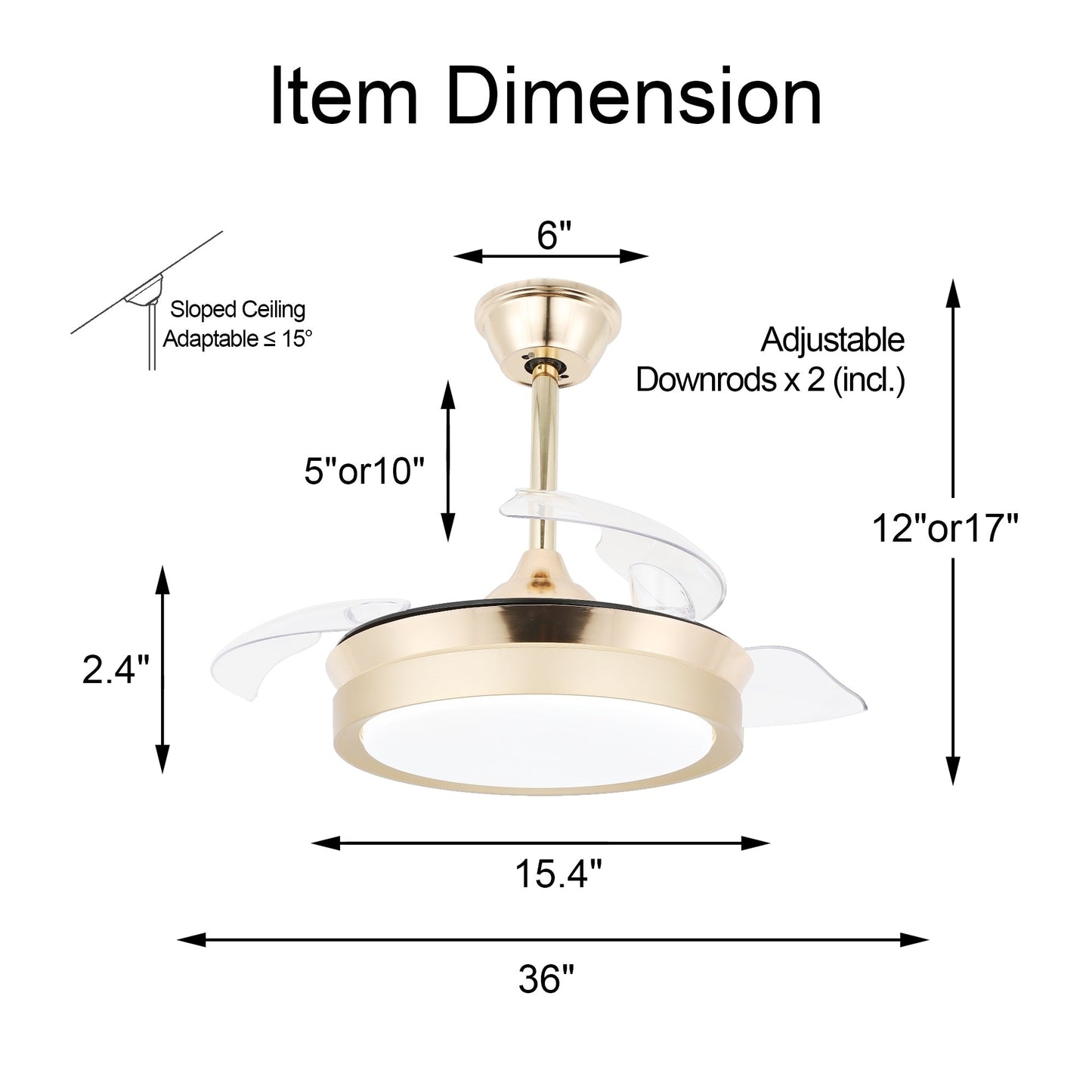 Ventilateur de plafond rétractable moderne Bella Depot 36 avec éclairage LED, lames réversibles à 6 vitesses avec télécommande