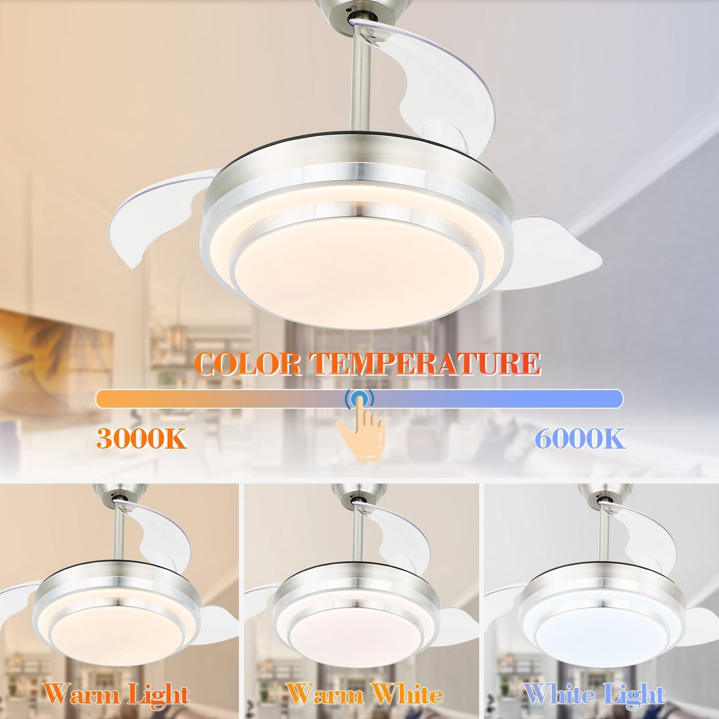 Ventilateur de plafond rétractable moderne Bella Depot 36 avec éclairage LED, lames réversibles à 6 vitesses avec télécommande