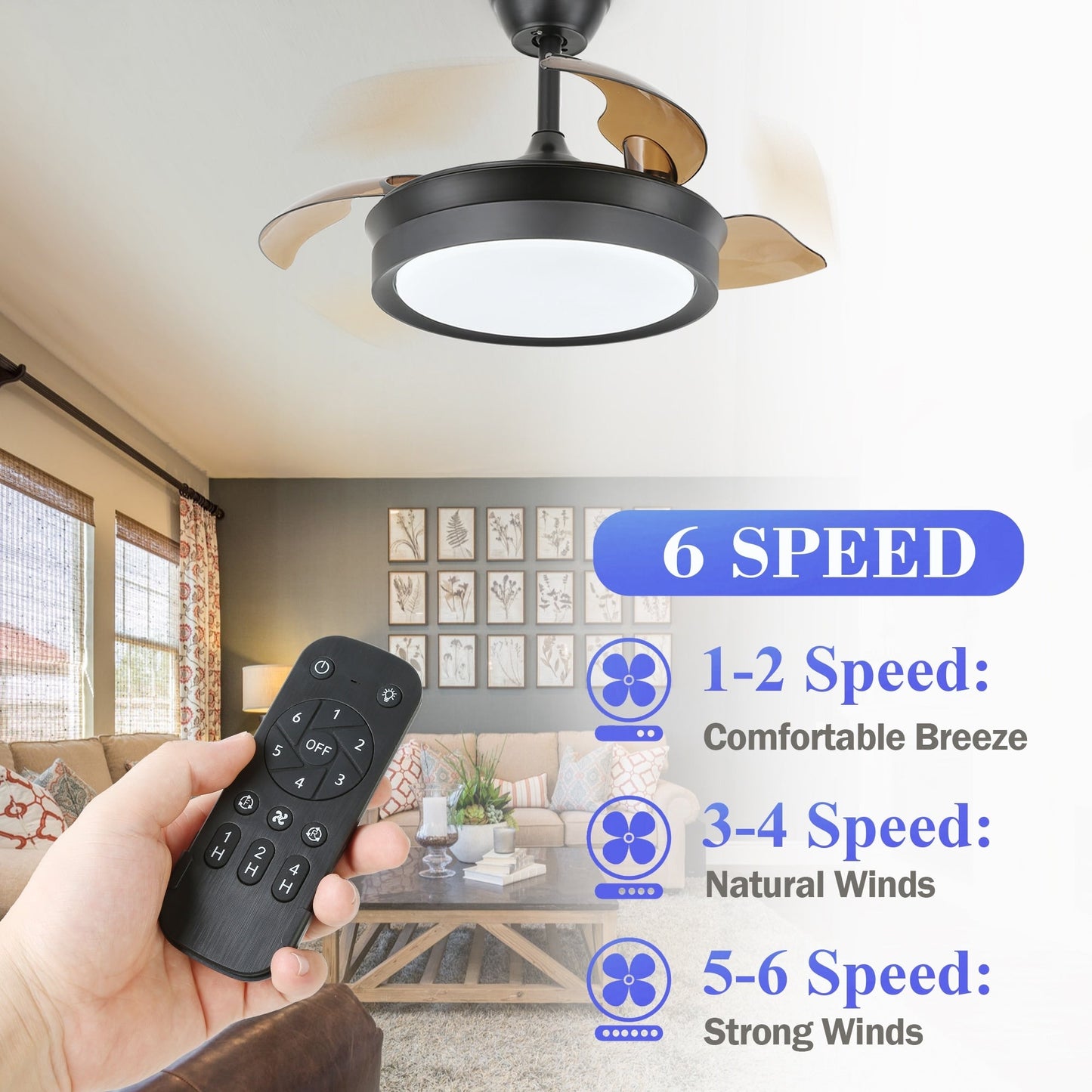Ventilateur de plafond rétractable moderne Bella Depot 36 avec éclairage LED, lames réversibles à 6 vitesses avec télécommande