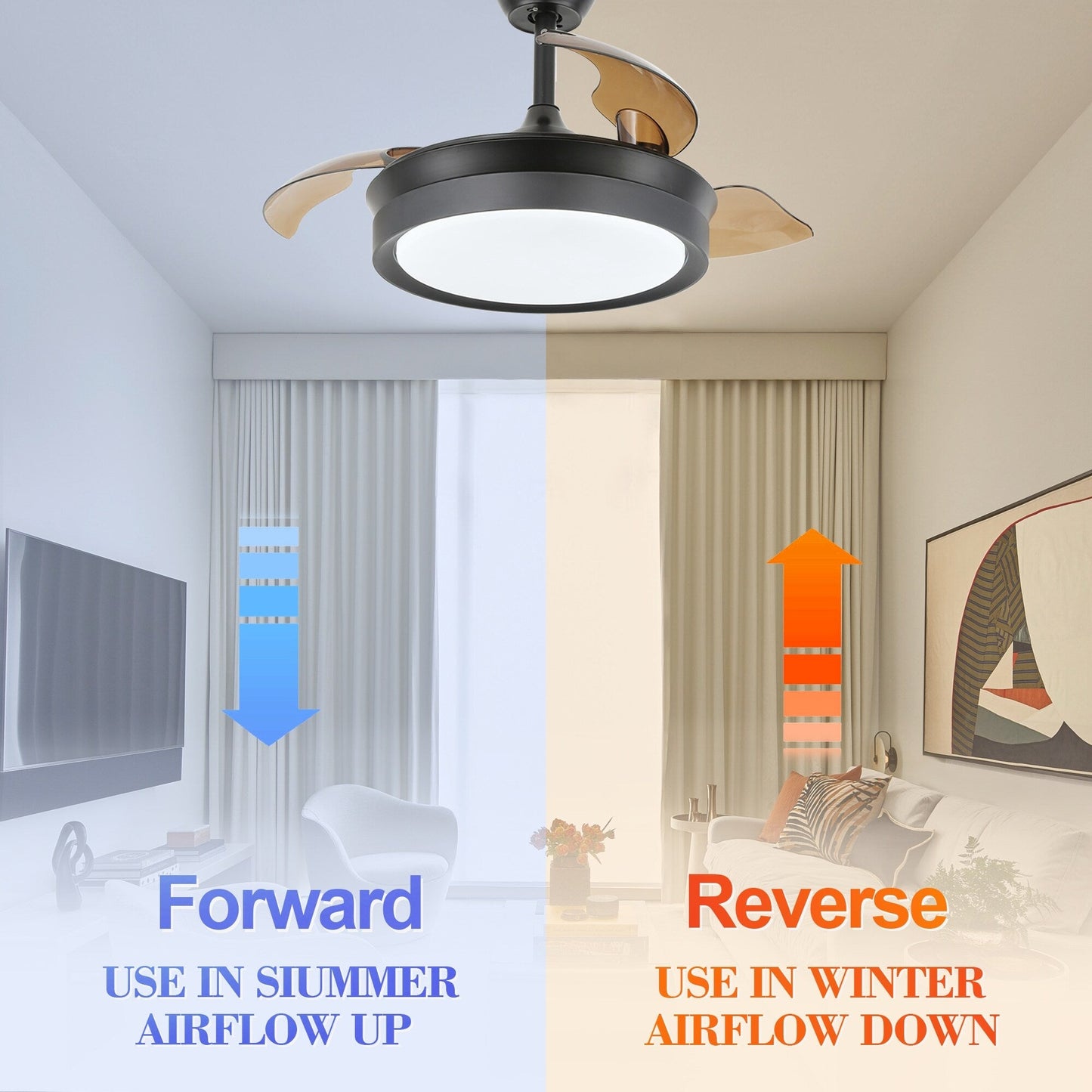 Ventilateur de plafond rétractable moderne Bella Depot 36 avec éclairage LED, lames réversibles à 6 vitesses avec télécommande