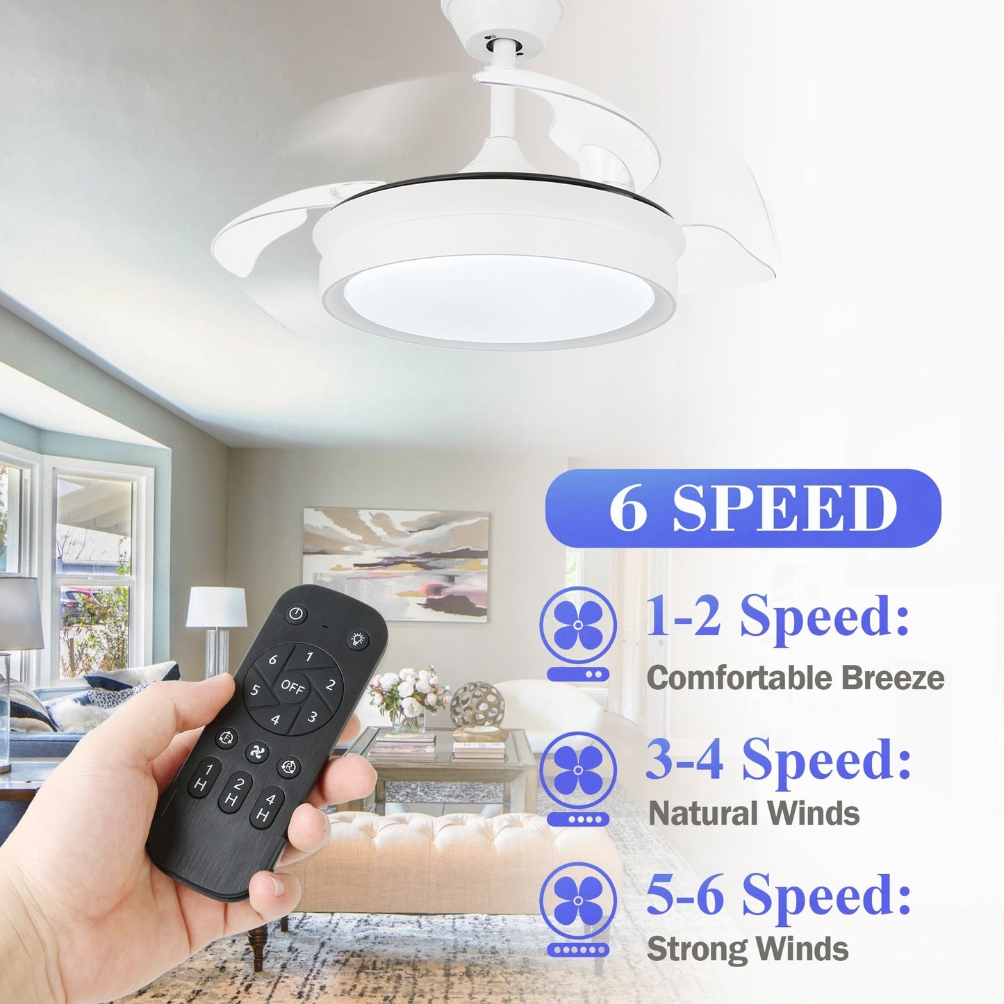 Ventilateur de plafond rétractable moderne Bella Depot 36 avec éclairage LED, lames réversibles à 6 vitesses avec télécommande