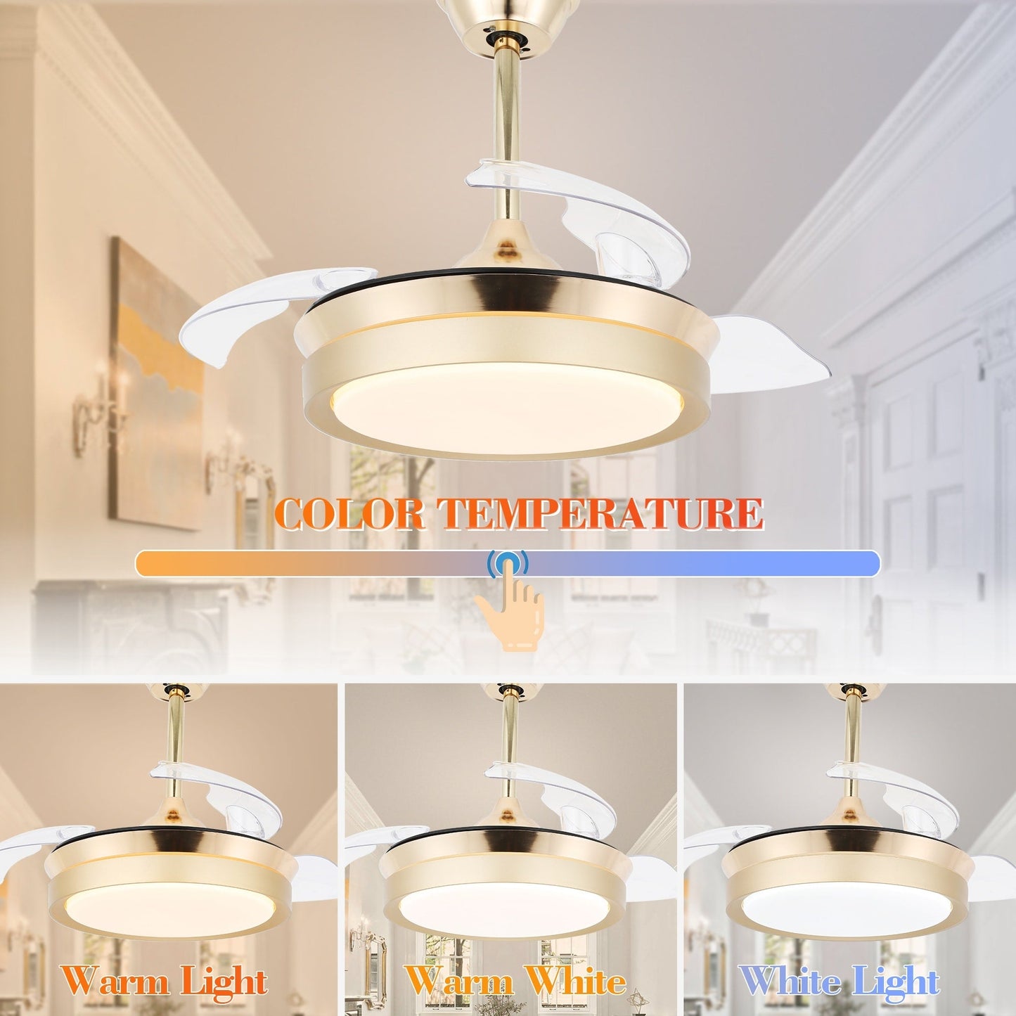 Ventilateur de plafond rétractable moderne Bella Depot 36 avec éclairage LED, lames réversibles à 6 vitesses avec télécommande