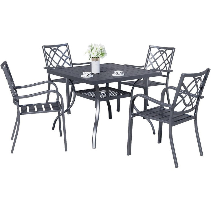 Table rectangulaire de salle à manger en métal à lattes pour extérieur, avec trou pour parasol, 60 x 37 pouces, pour 6 personnes