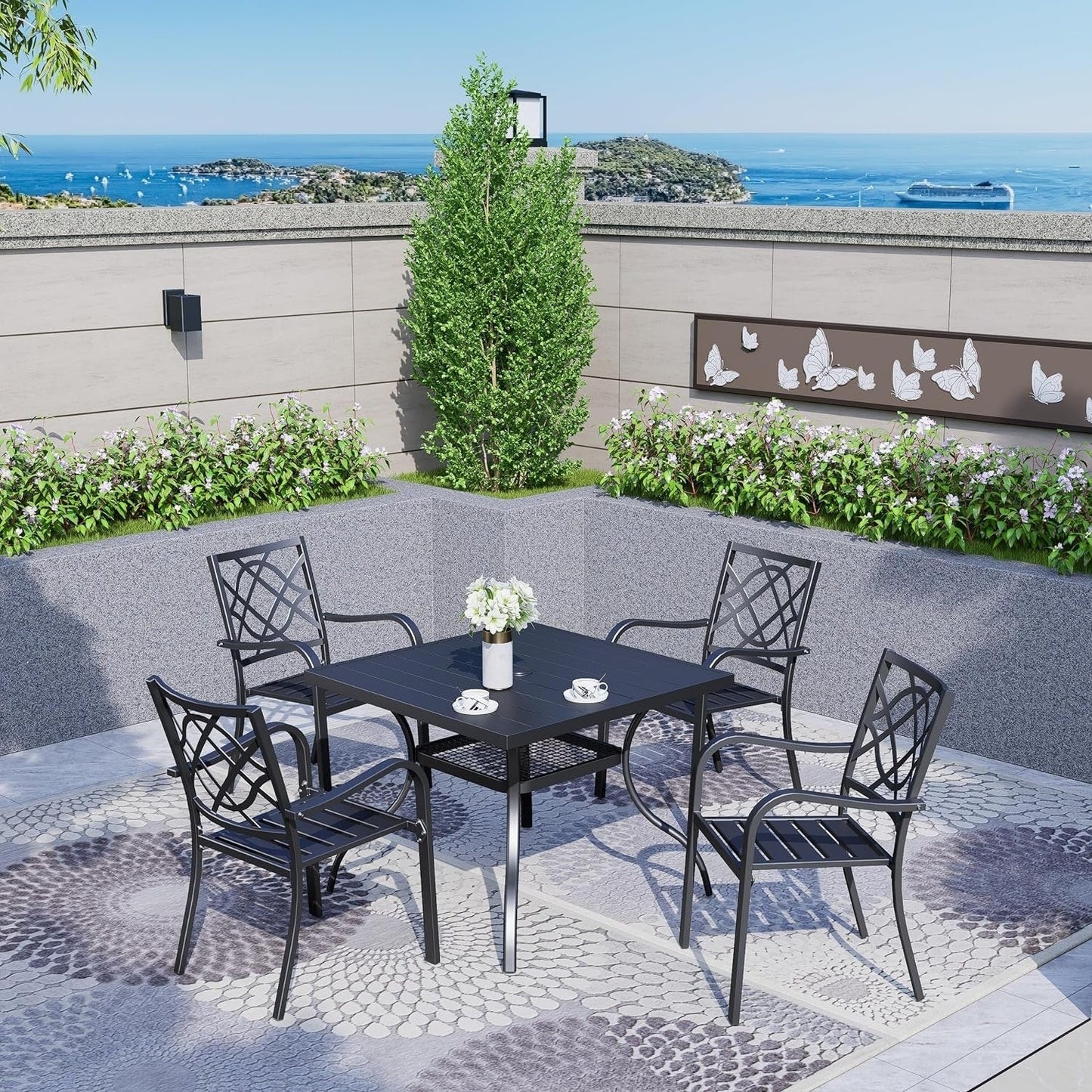 Table rectangulaire de salle à manger en métal à lattes pour extérieur, avec trou pour parasol, 60 x 37 pouces, pour 6 personnes