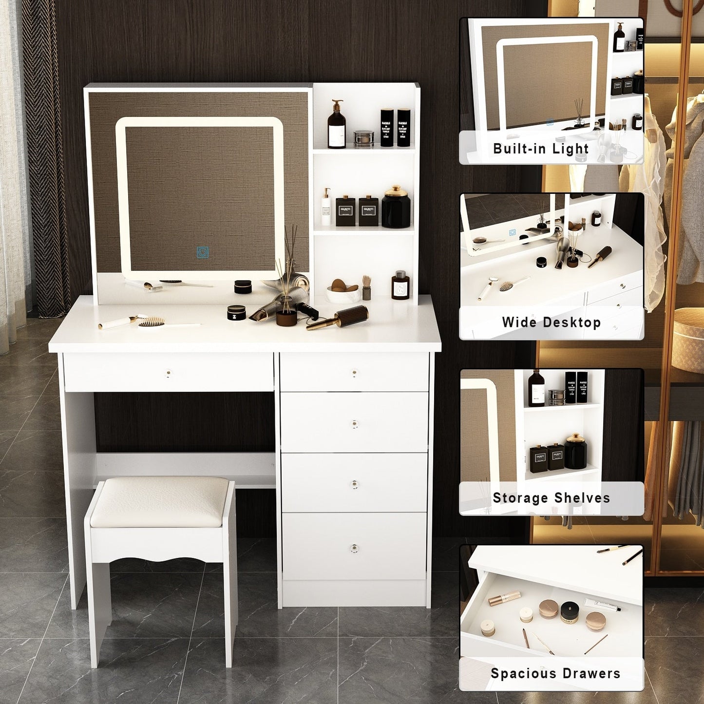 Ensemble coiffeuse et miroir avec tabouret, 99,5 cm de largeur