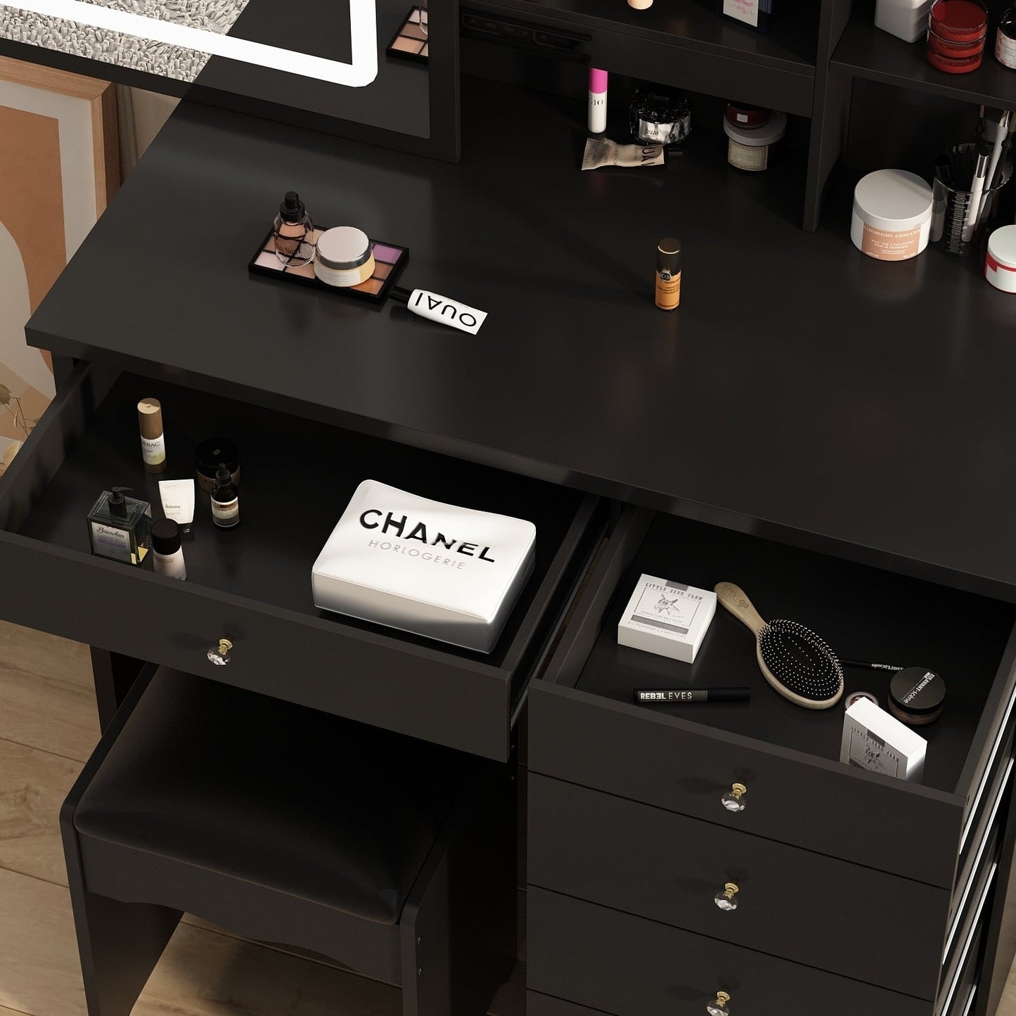 Ensemble de coiffeuse de maquillage de 99,5 cm de large avec tabouret et miroir