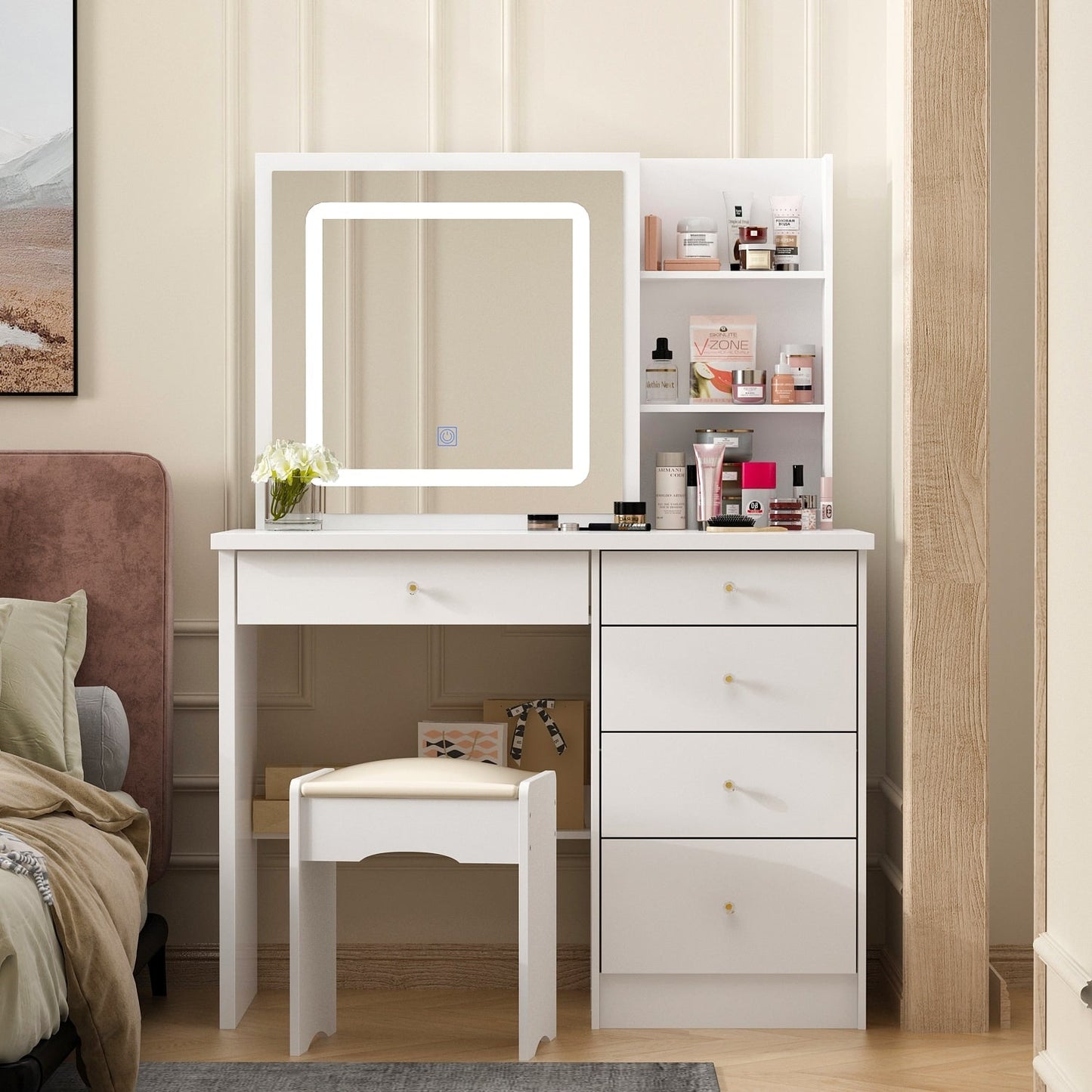 Ensemble de coiffeuse de maquillage de 99,5 cm de large avec tabouret et miroir
