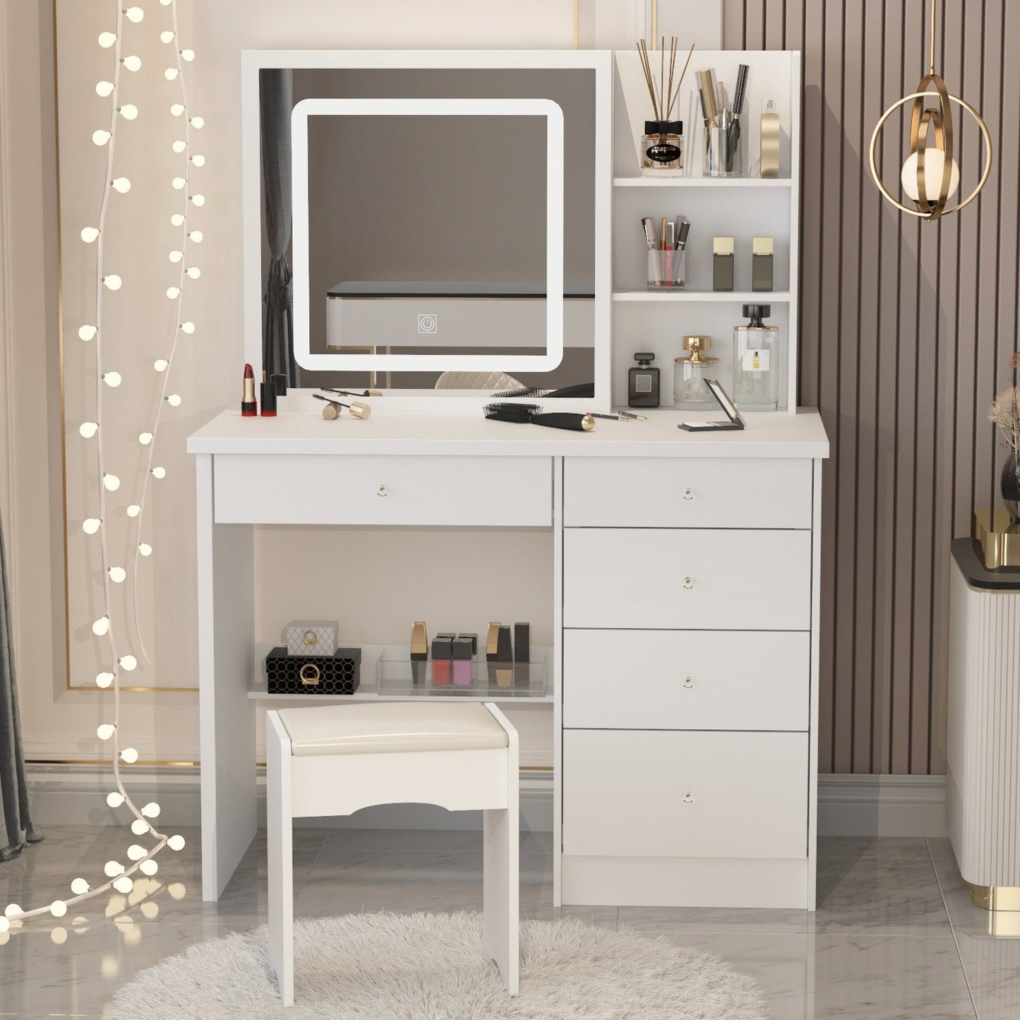 Ensemble de coiffeuse de maquillage de 99,5 cm de large avec tabouret et miroir