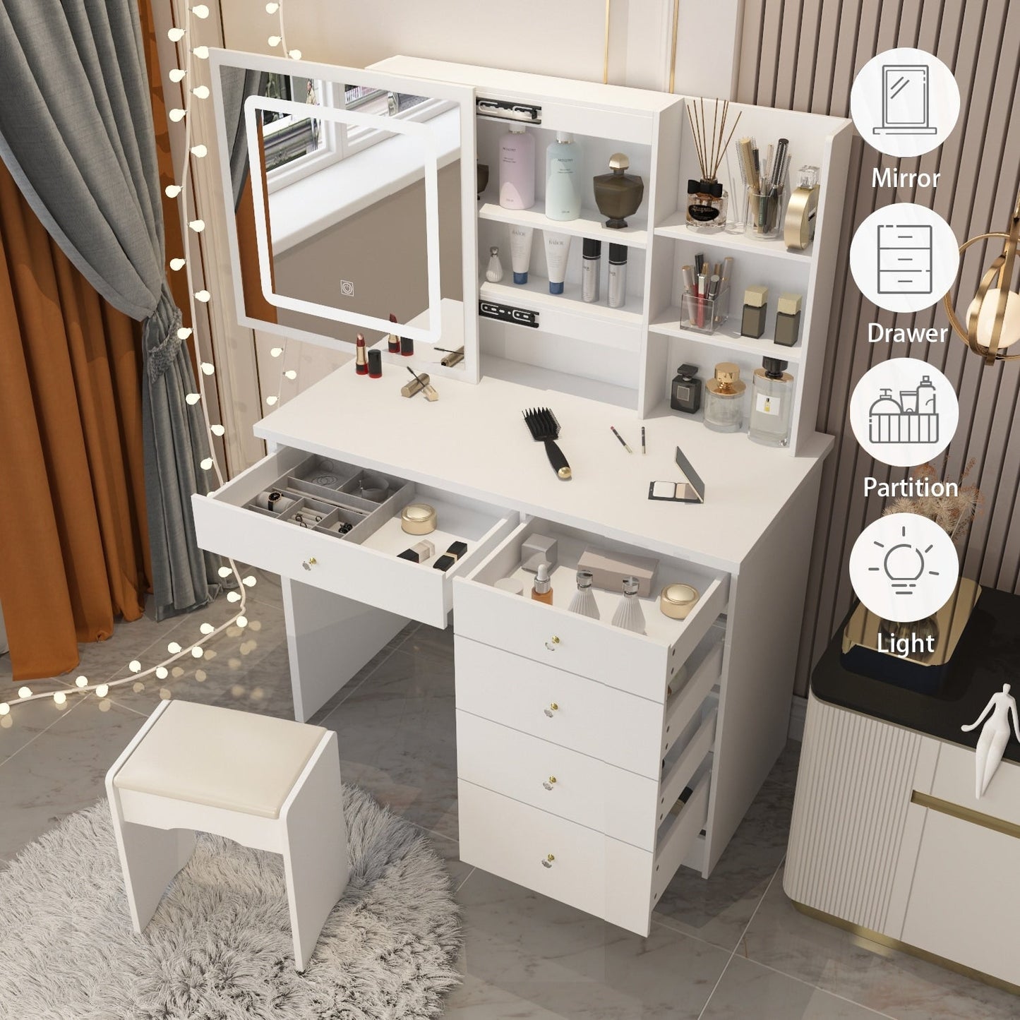 Ensemble de coiffeuse de maquillage de 99,5 cm de large avec tabouret et miroir