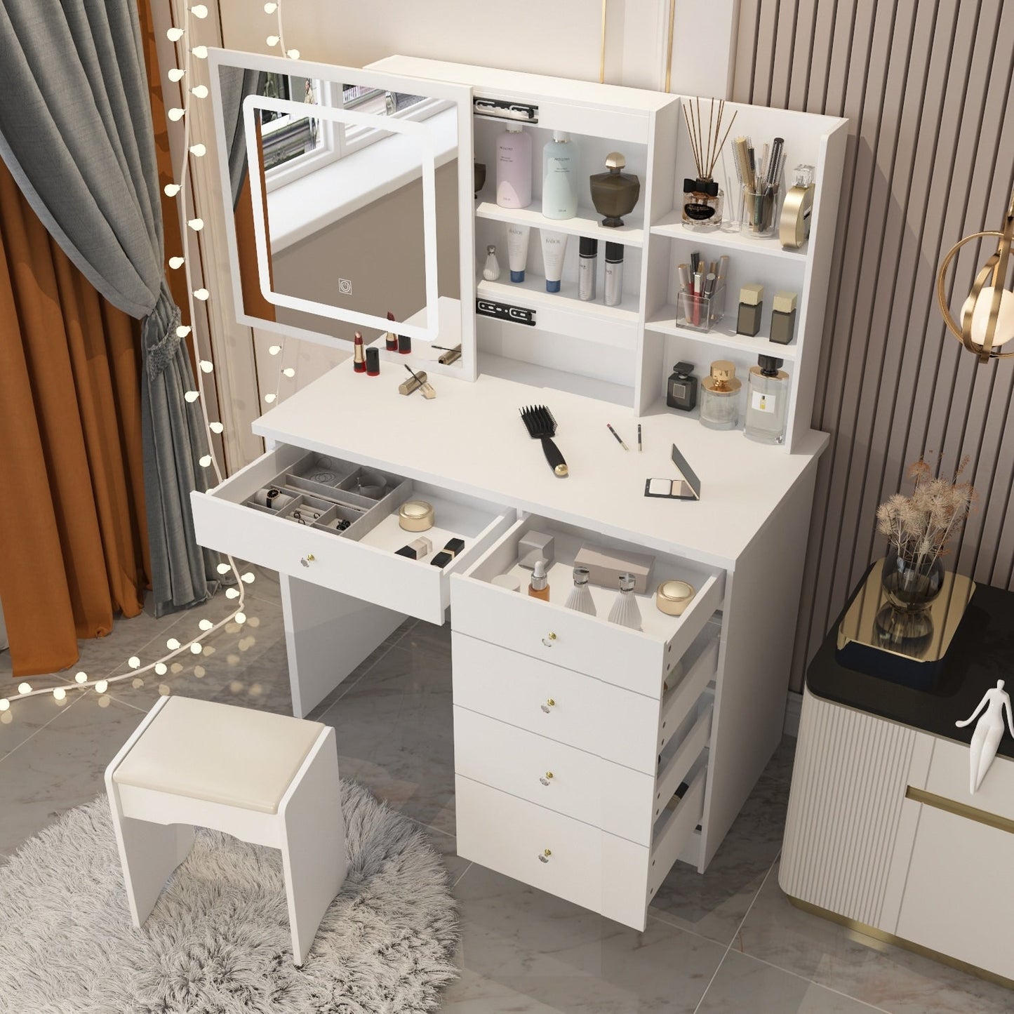 Ensemble de coiffeuse de maquillage de 99,5 cm de large avec tabouret et miroir