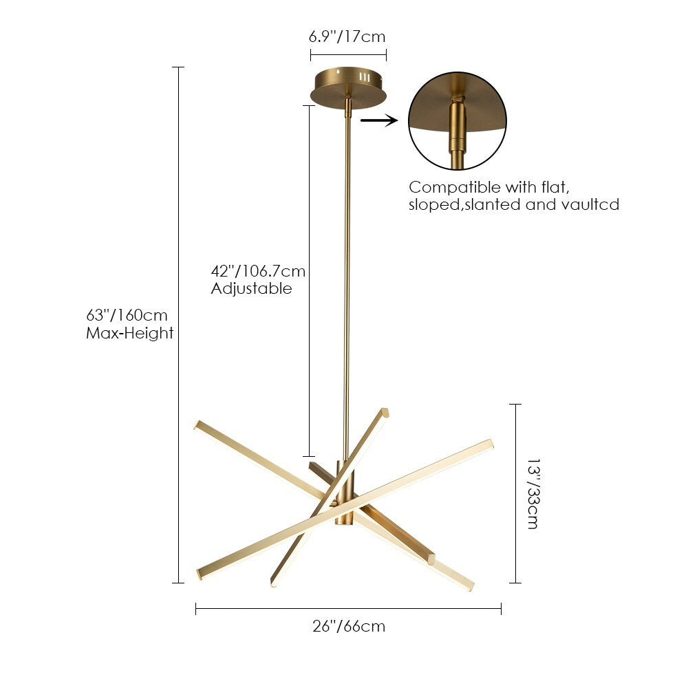 Luminaire suspendu linéaire en forme d'étoile de style moderne, en aluminium noir/or, avec LED, pour salon/salle à manger/cuisine.