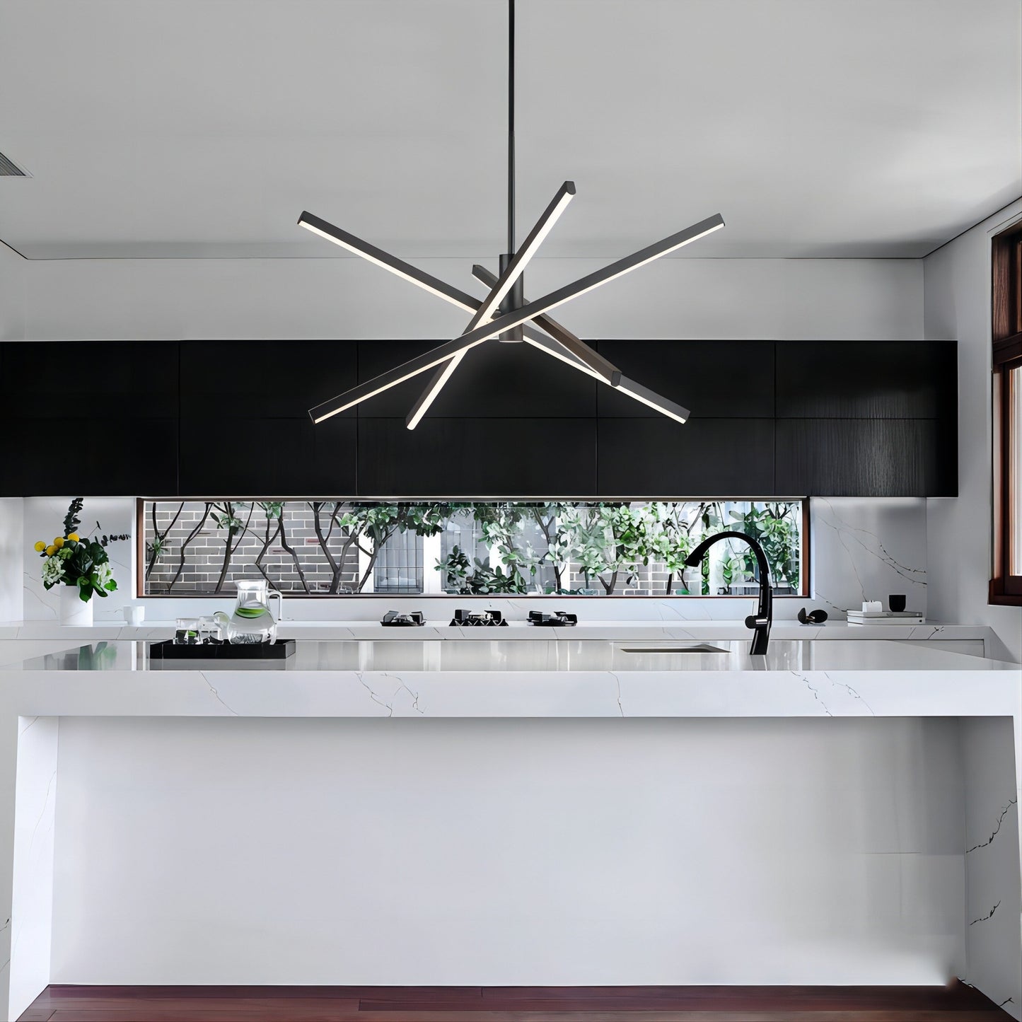 Luminaire suspendu linéaire en forme d'étoile de style moderne, en aluminium noir/or, avec LED, pour salon/salle à manger/cuisine.